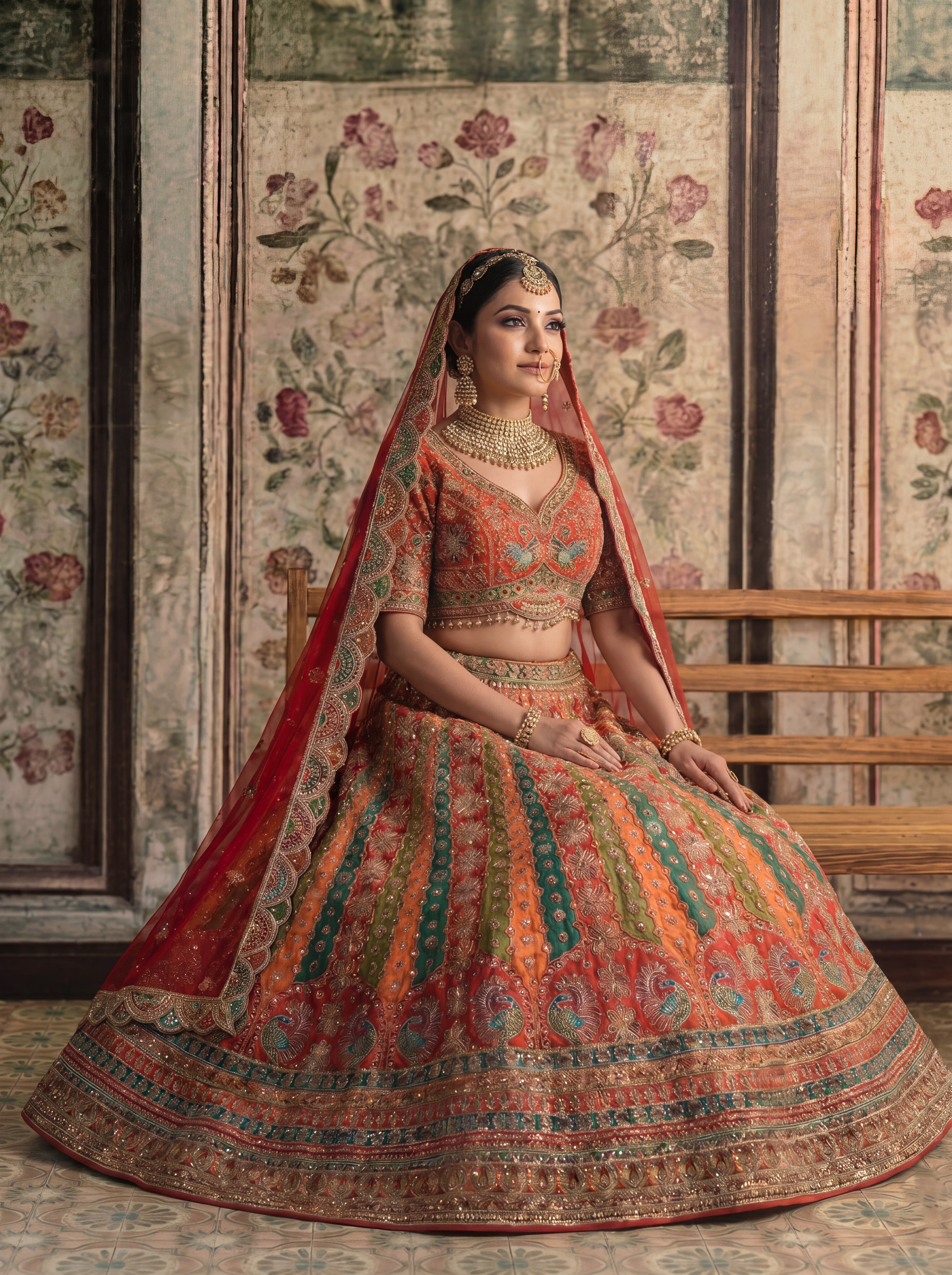 Crimson Red Viscose Mirror Sequins Bridal Lehenga Choli Set