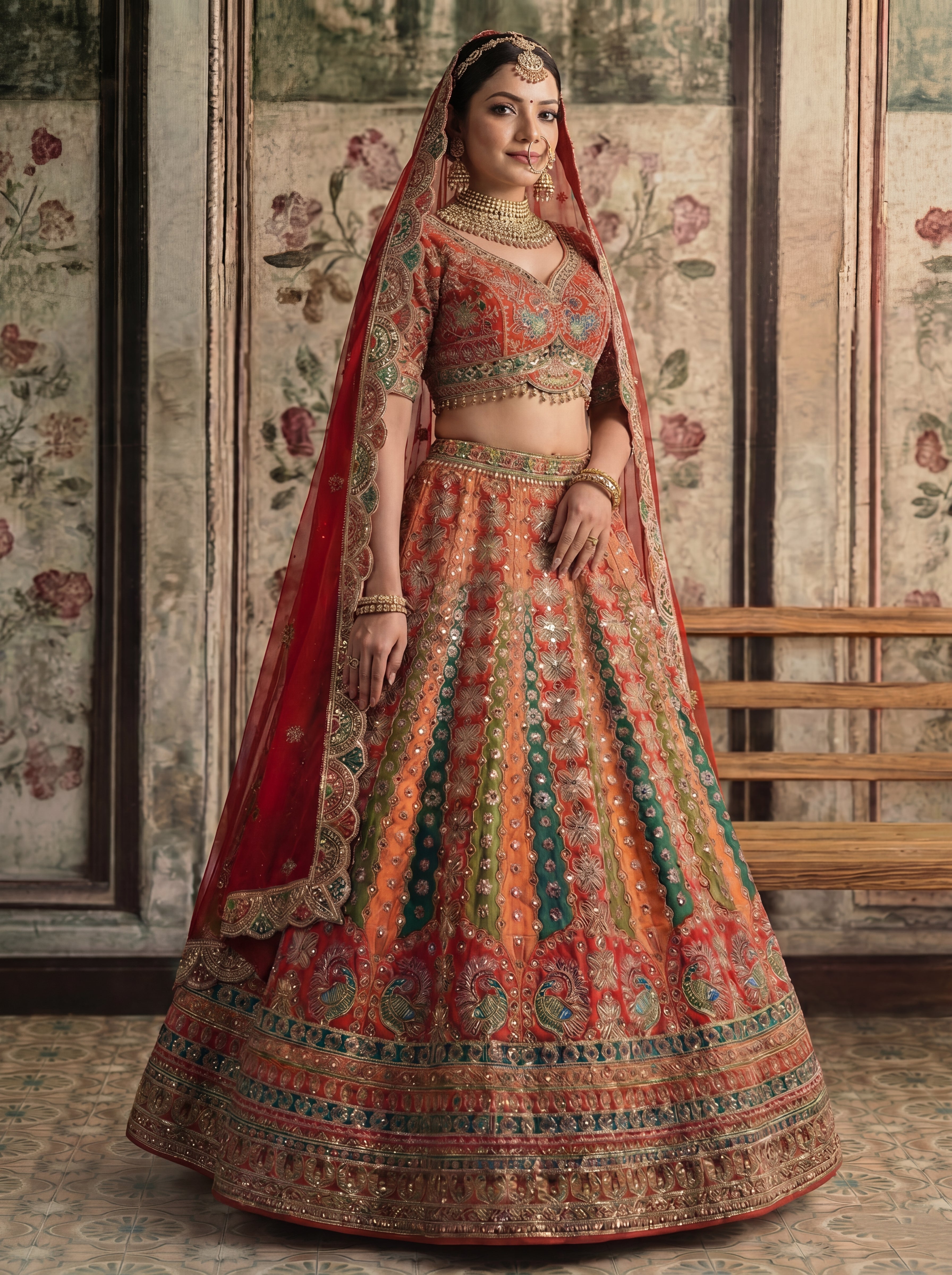 Crimson Red Viscose Mirror Sequins Bridal Lehenga Choli Set