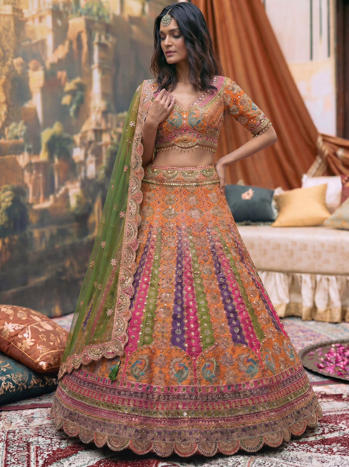 Vibrant Orange Viscose Mirror Sequins Bridal Lehenga Choli Set