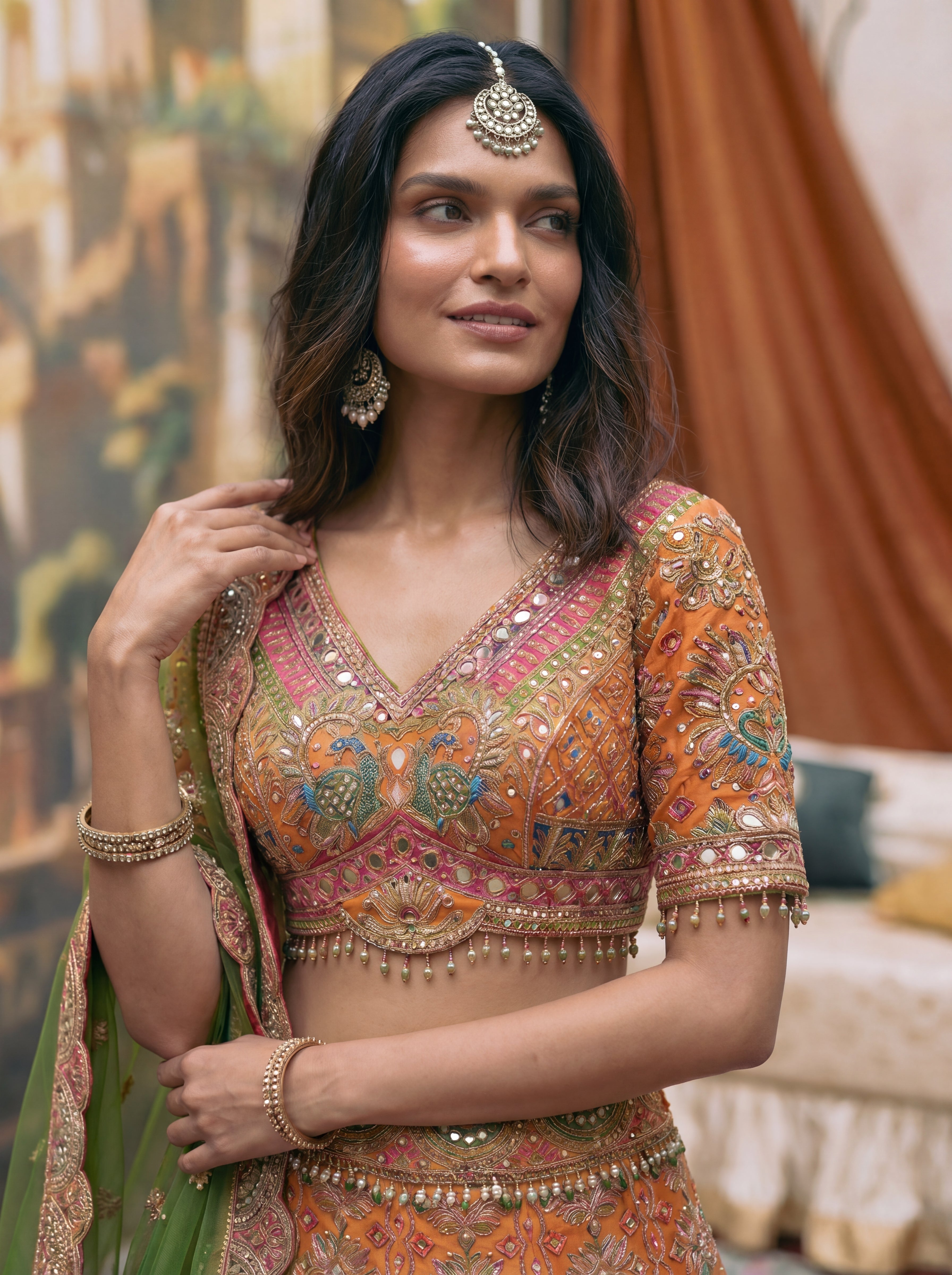 Vibrant Orange Viscose Mirror Sequins Bridal Lehenga Choli Set