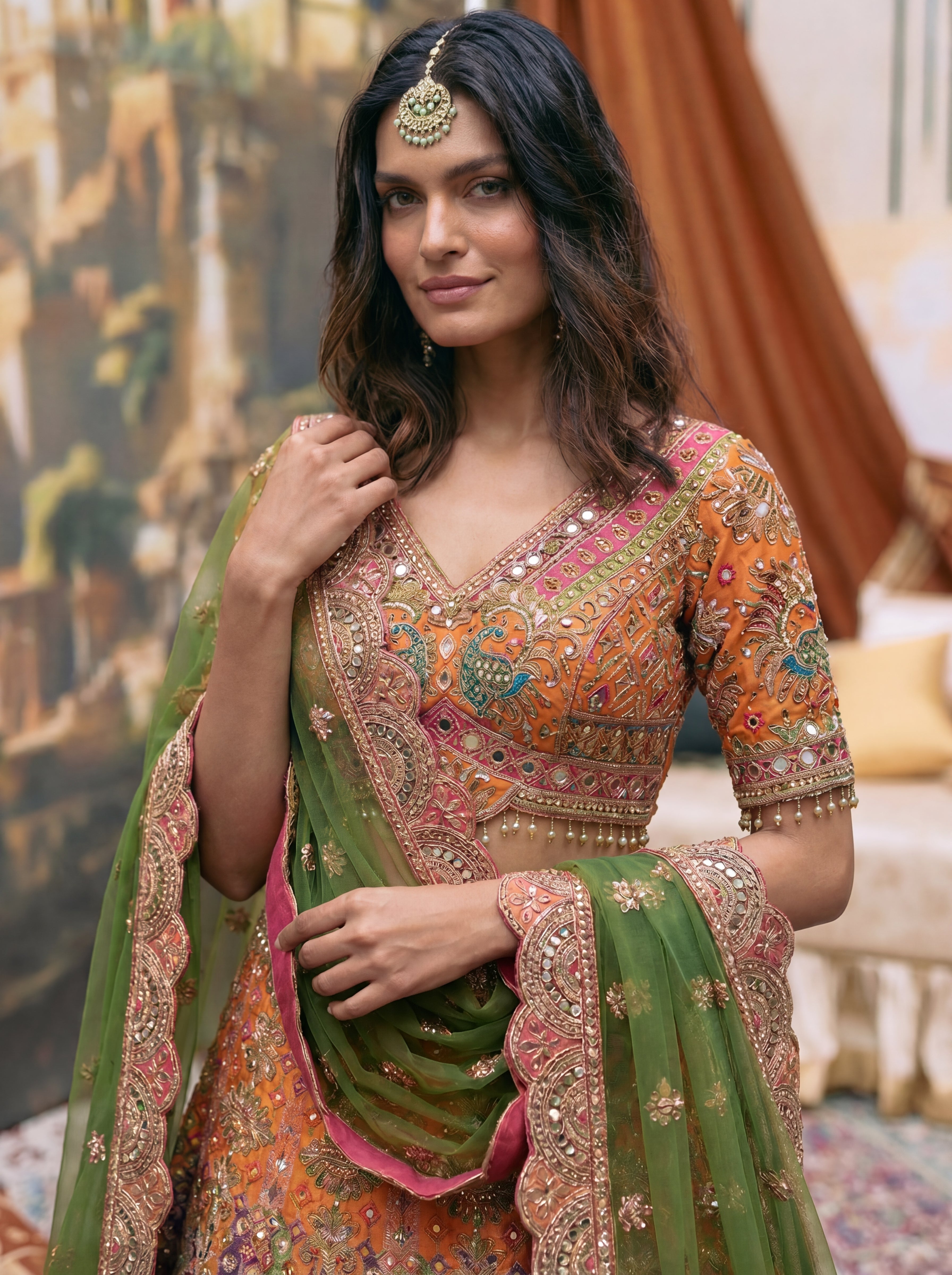 Vibrant Orange Viscose Mirror Sequins Bridal Lehenga Choli Set