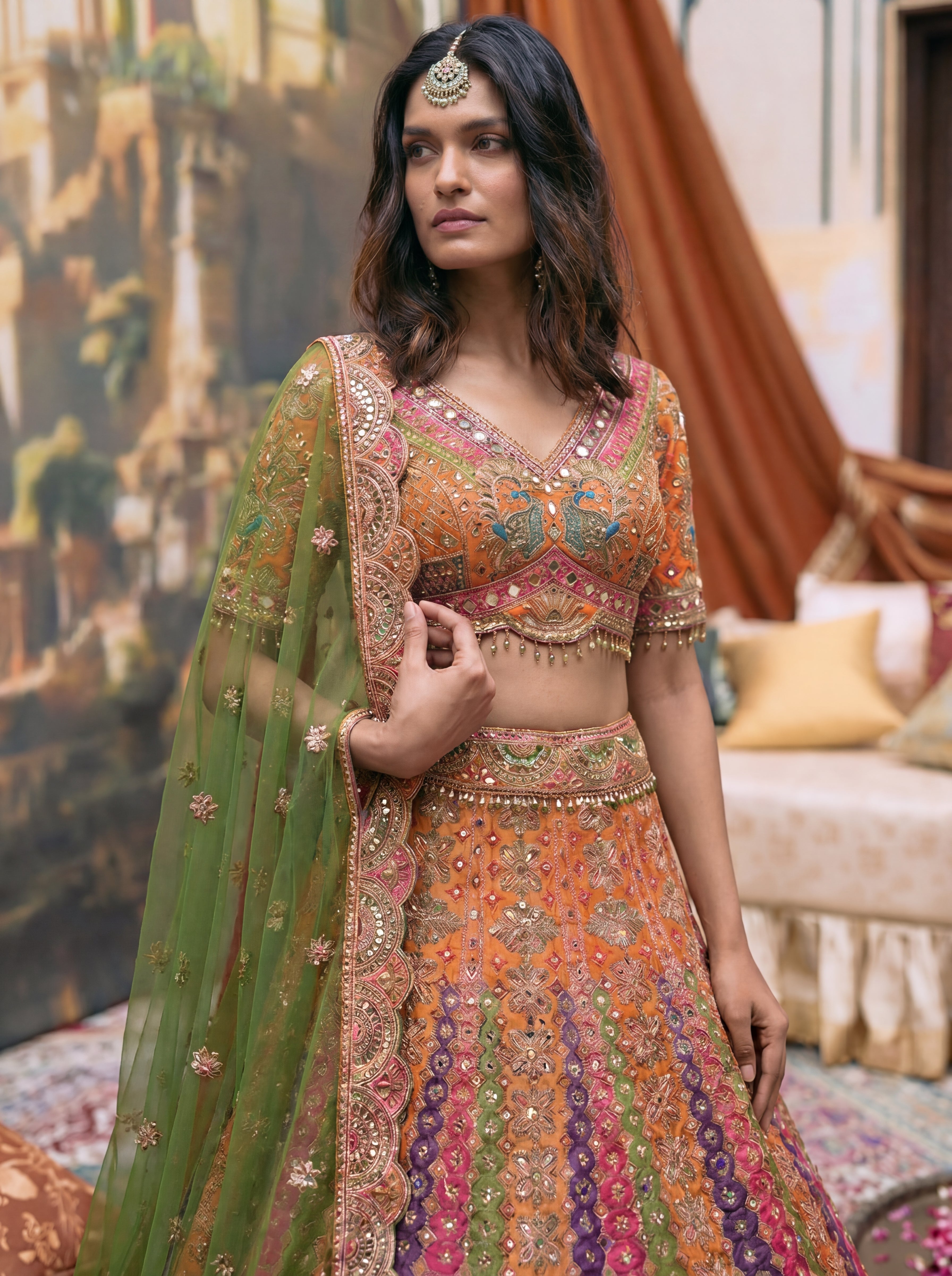 Vibrant Orange Viscose Mirror Sequins Bridal Lehenga Choli Set