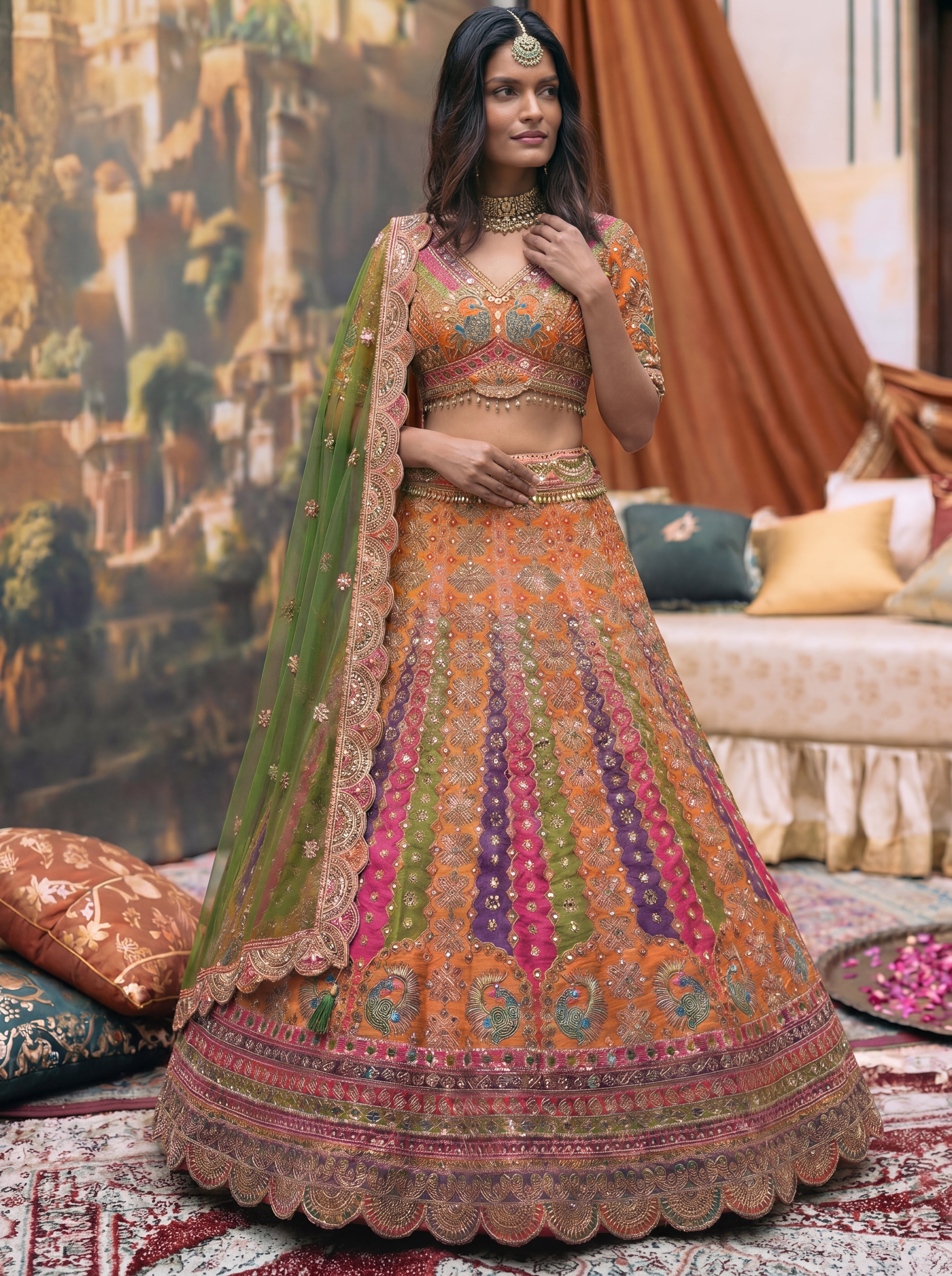 Vibrant Orange Viscose Mirror Sequins Bridal Lehenga Choli Set