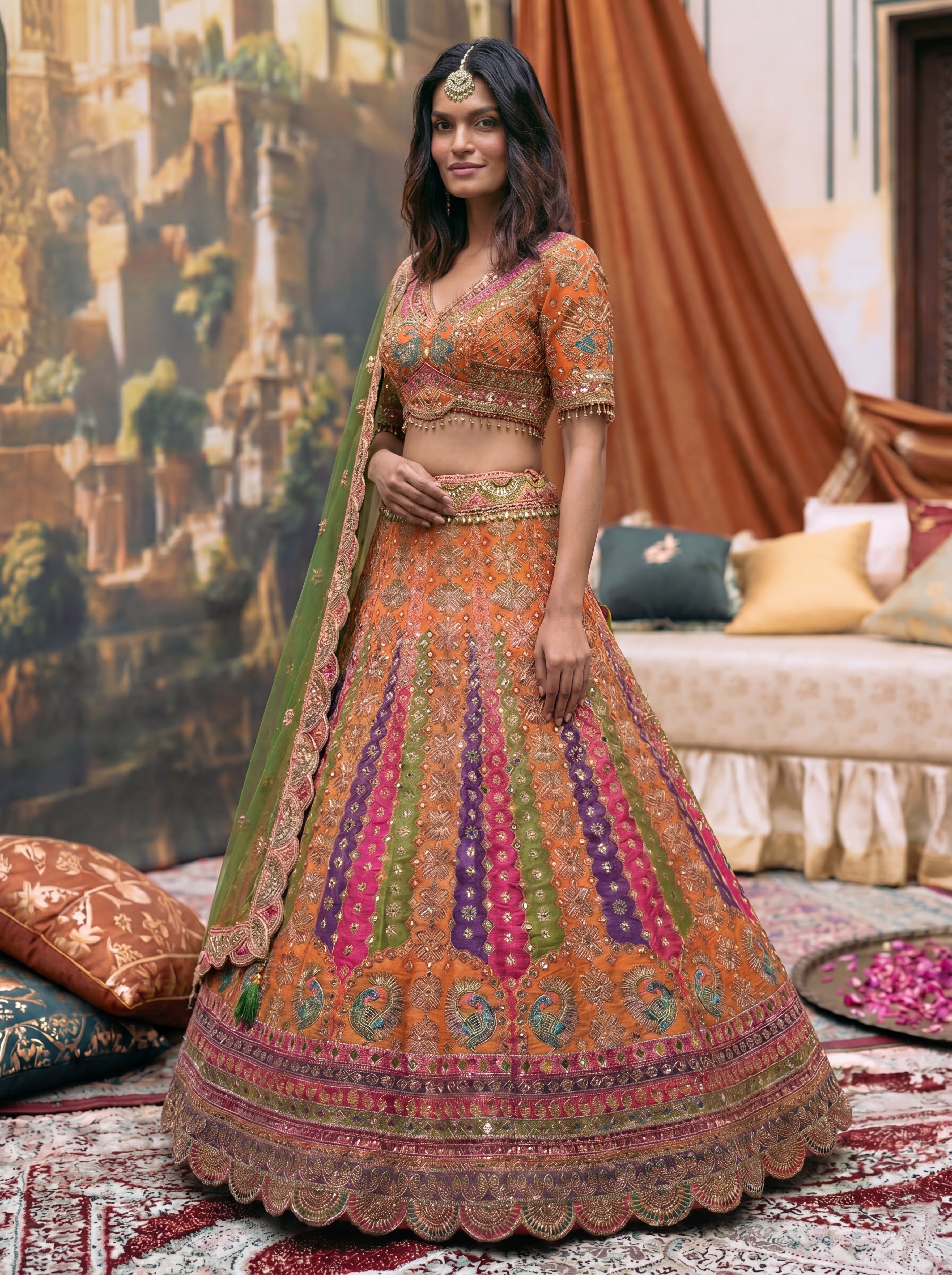Vibrant Orange Viscose Mirror Sequins Bridal Lehenga Choli Set