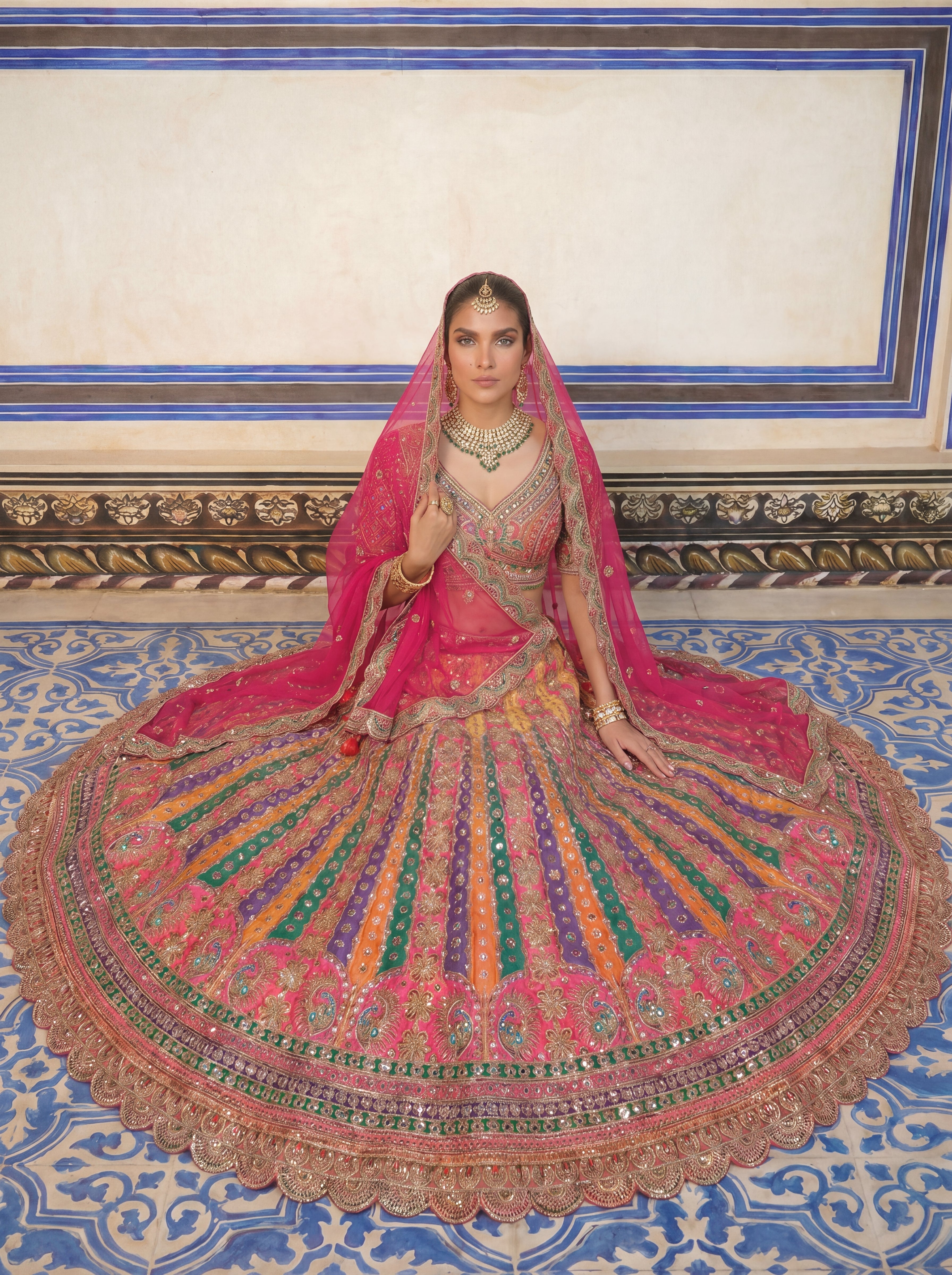 Hot Pink Viscose Mirror Sequins Bridal Lehenga Choli Set