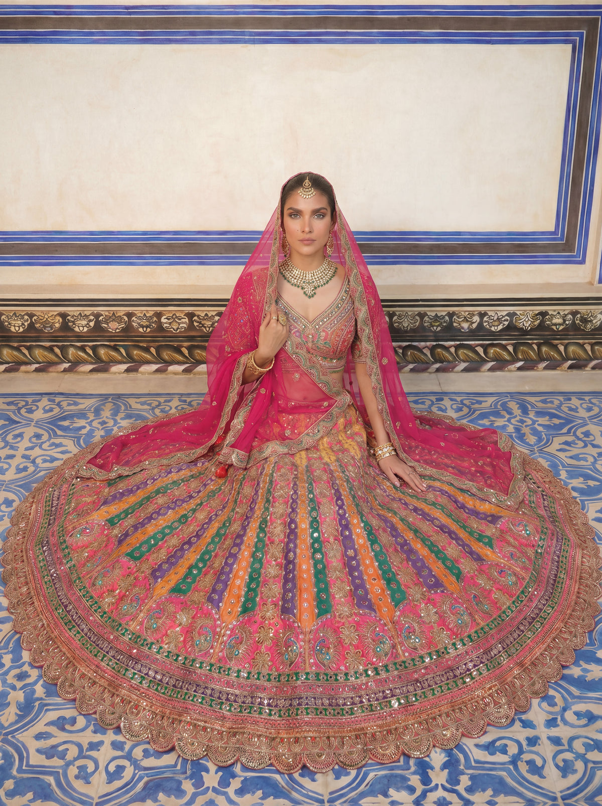 Hot Pink Viscose Mirror Sequins Bridal Lehenga Choli Set