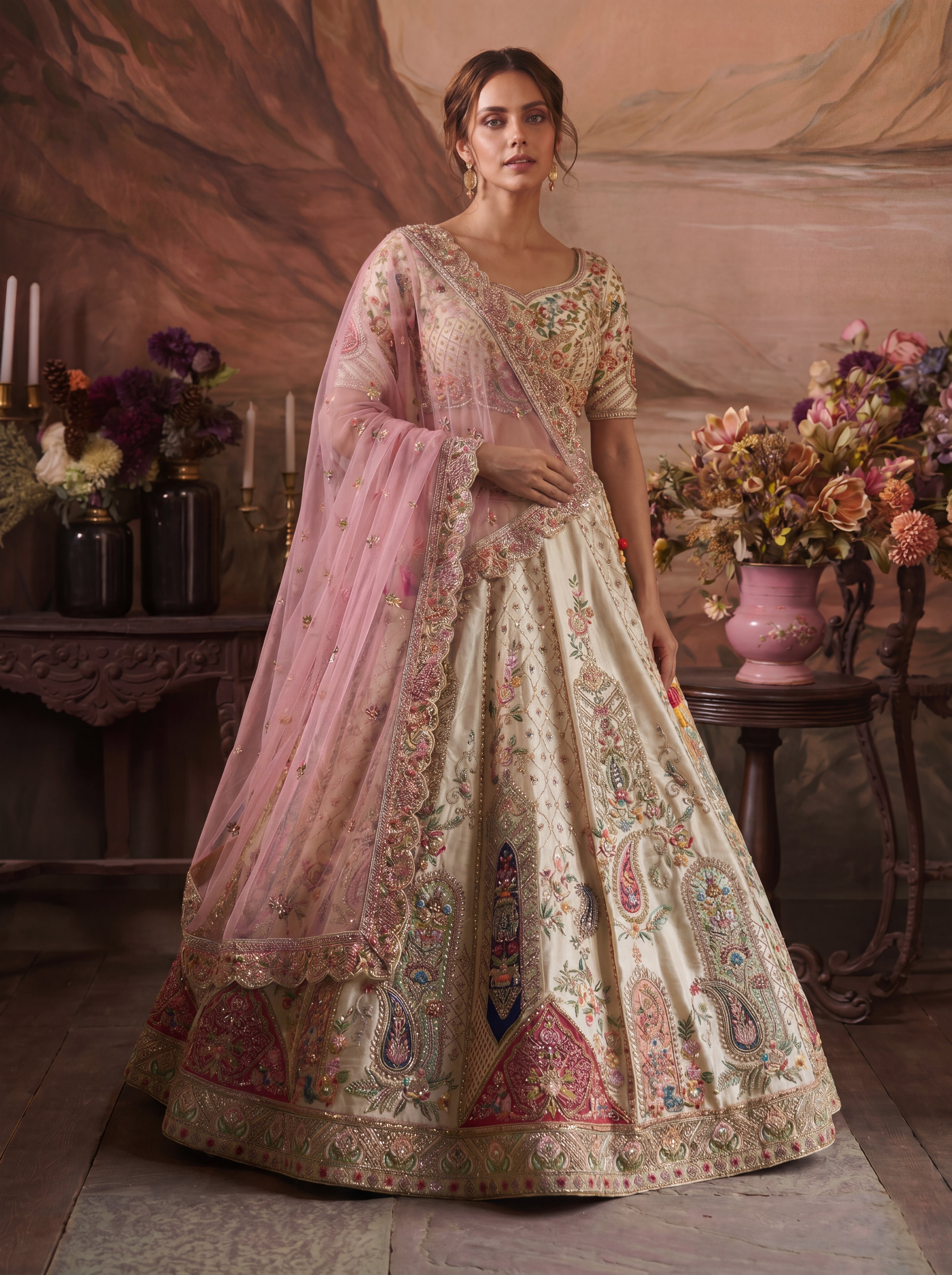 Ivory Cream Tissue Sequins Embroidered Bridal Lehenga Choli Set