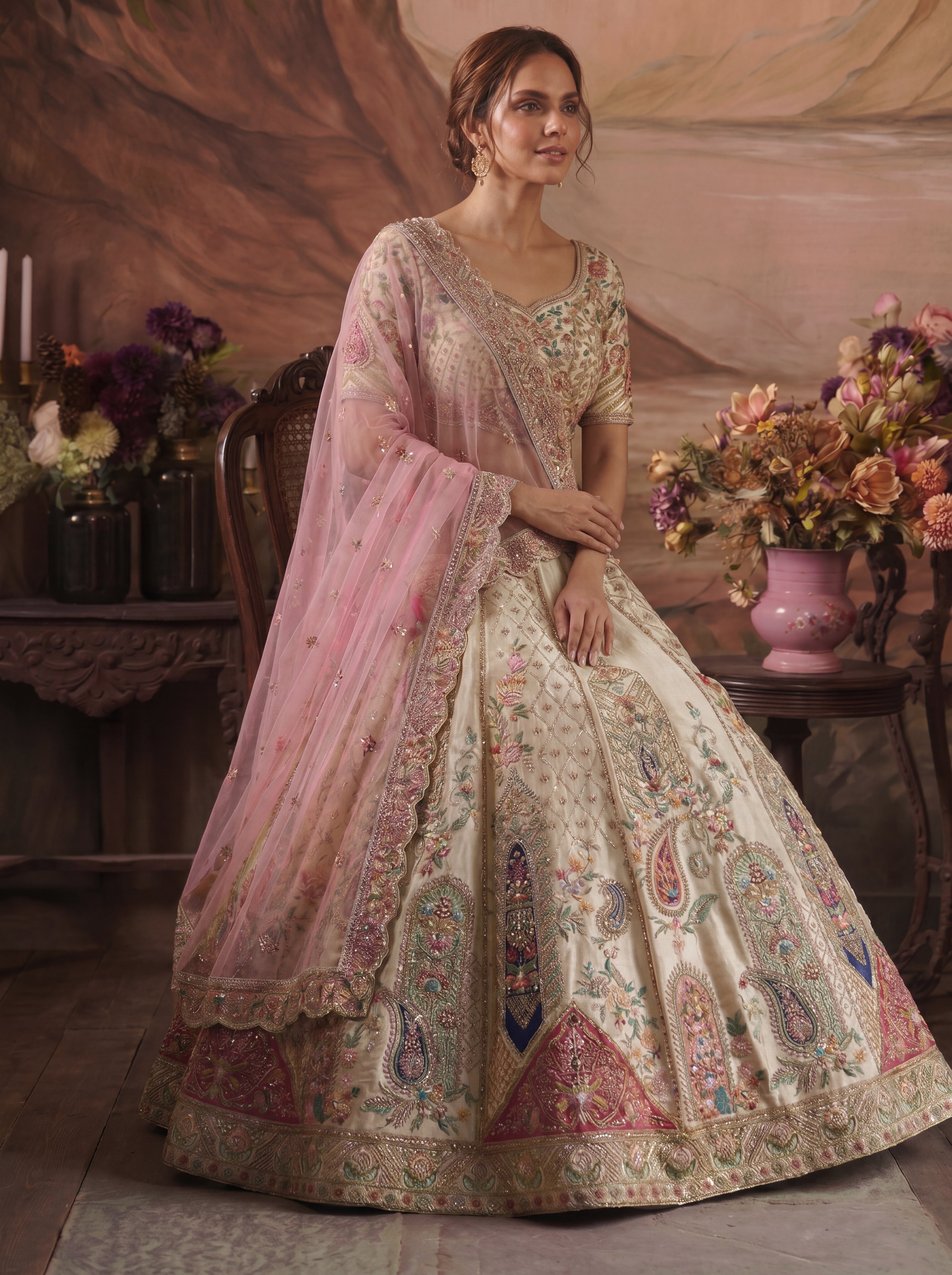 Ivory Cream Tissue Sequins Embroidered Bridal Lehenga Choli Set