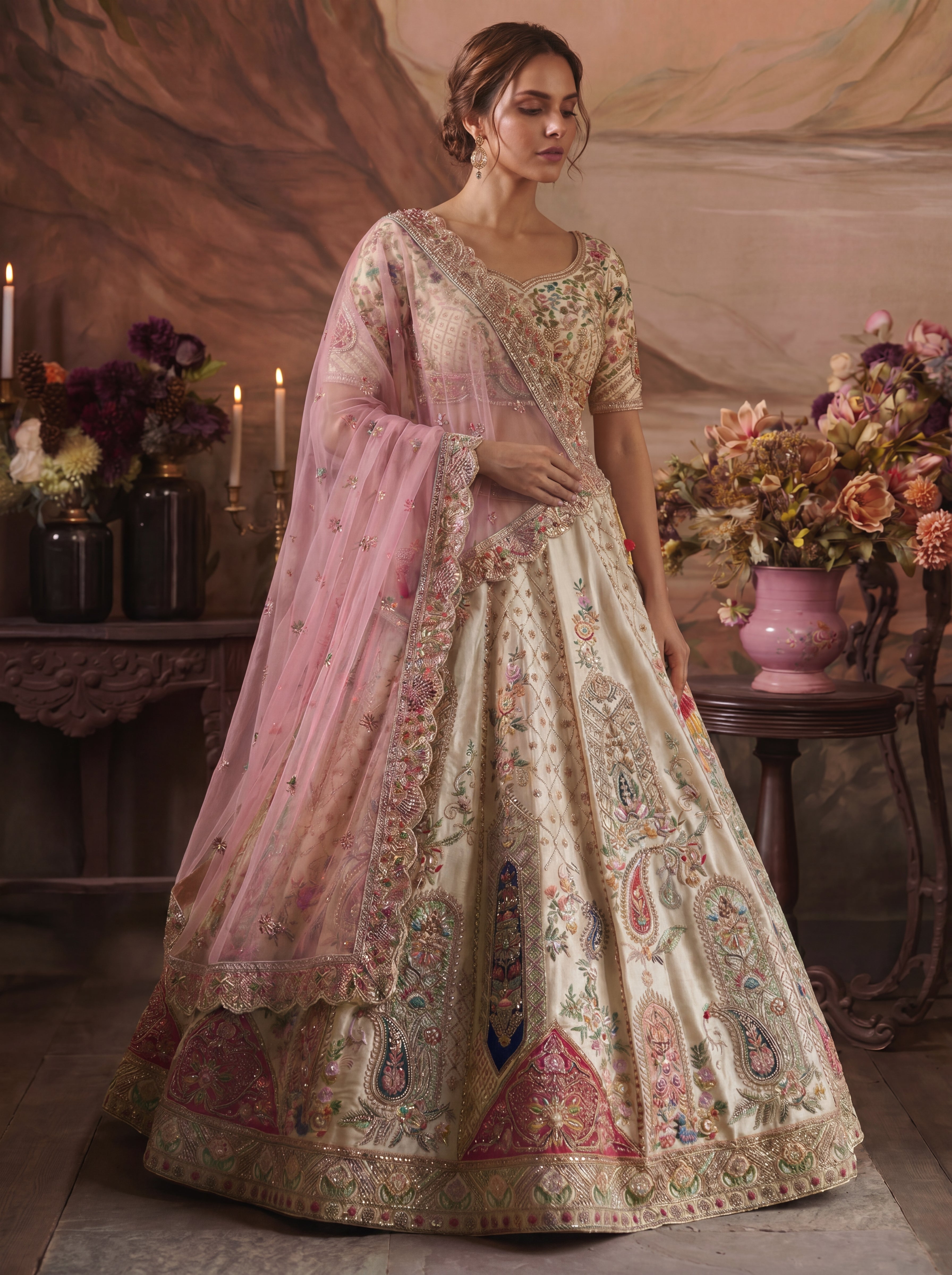 Ivory Cream Tissue Sequins Embroidered Bridal Lehenga Choli Set