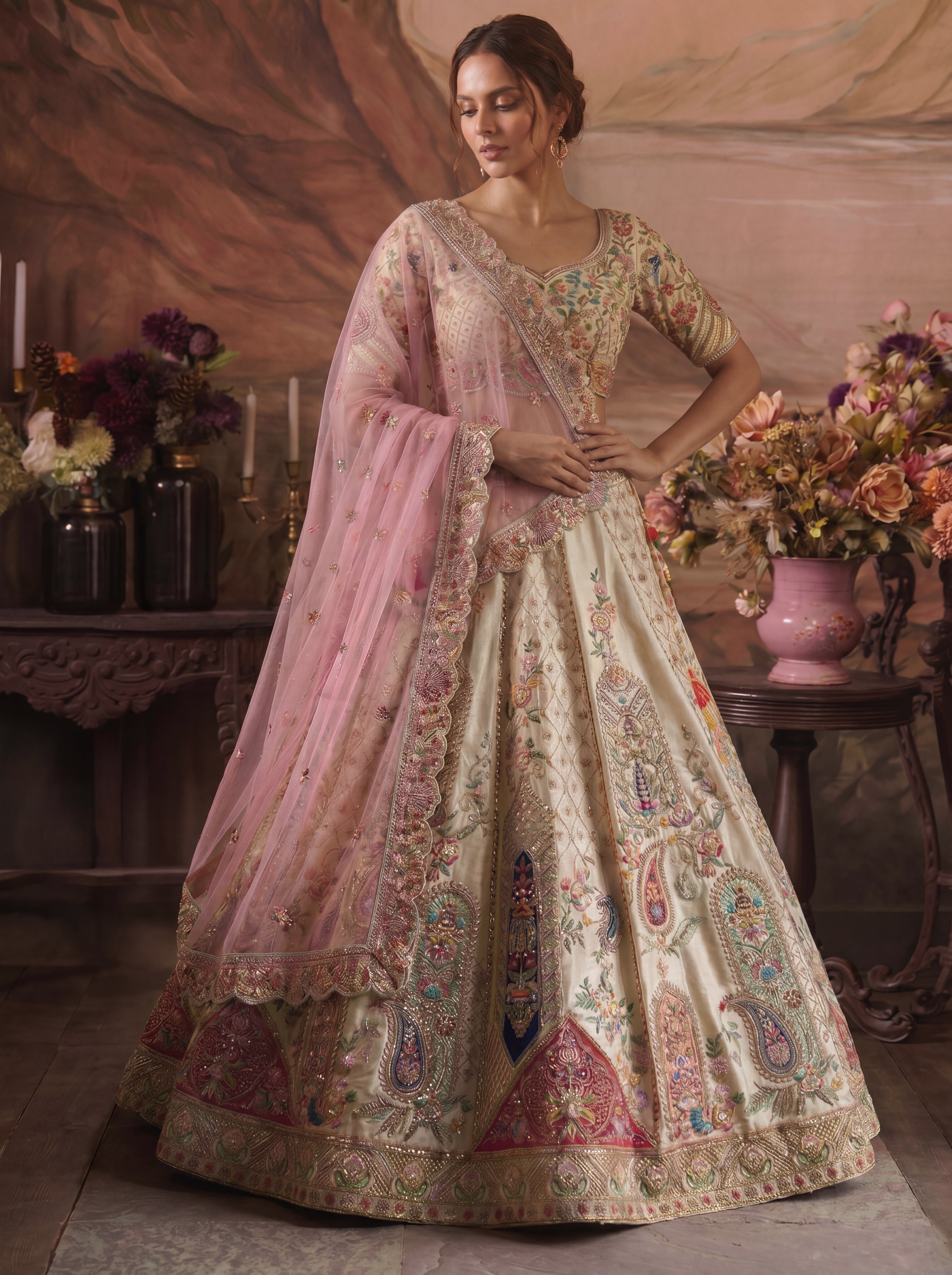 Ivory Cream Tissue Sequins Embroidered Bridal Lehenga Choli Set