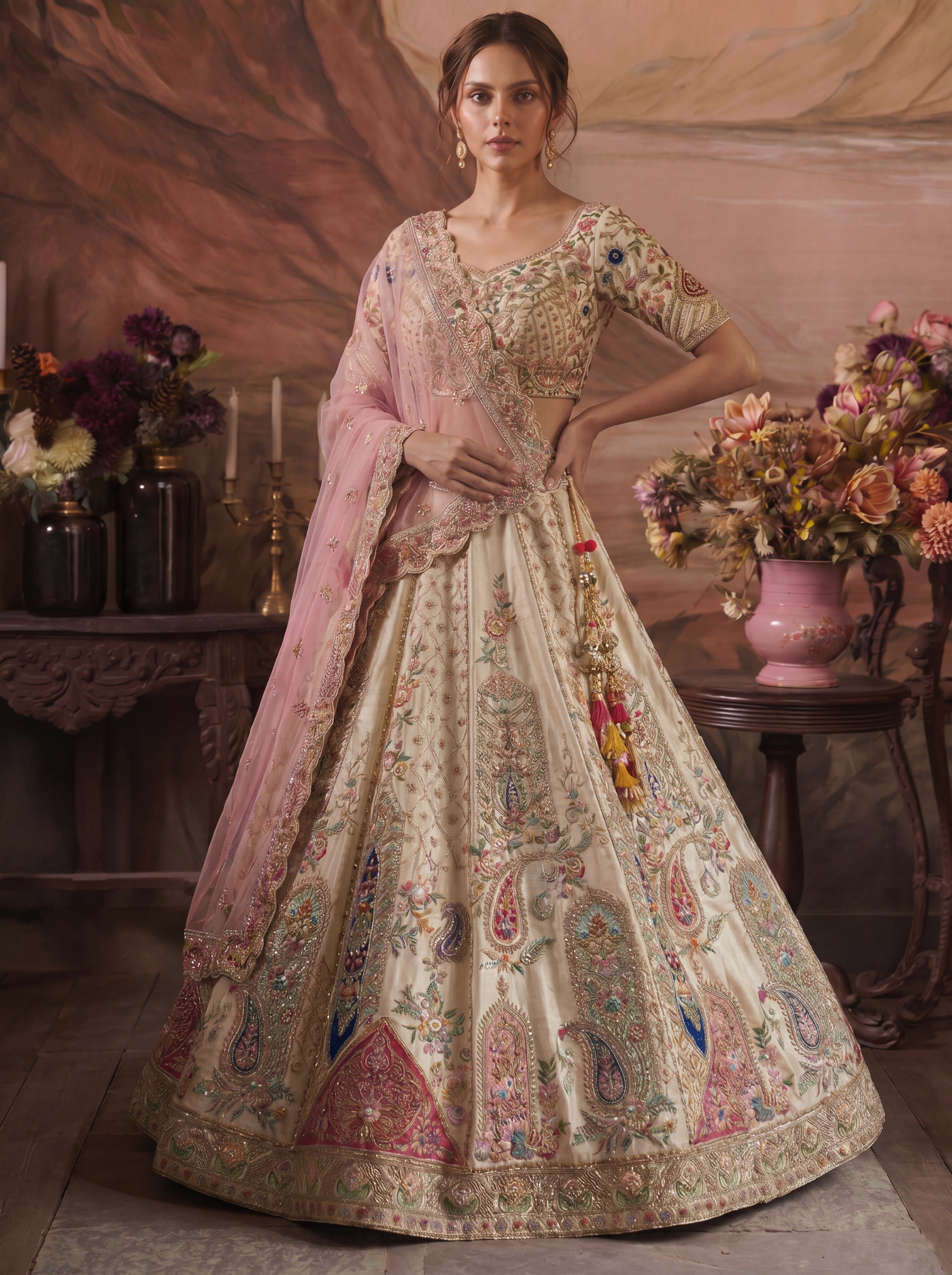 Ivory Cream Tissue Sequins Embroidered Bridal Lehenga Choli Set