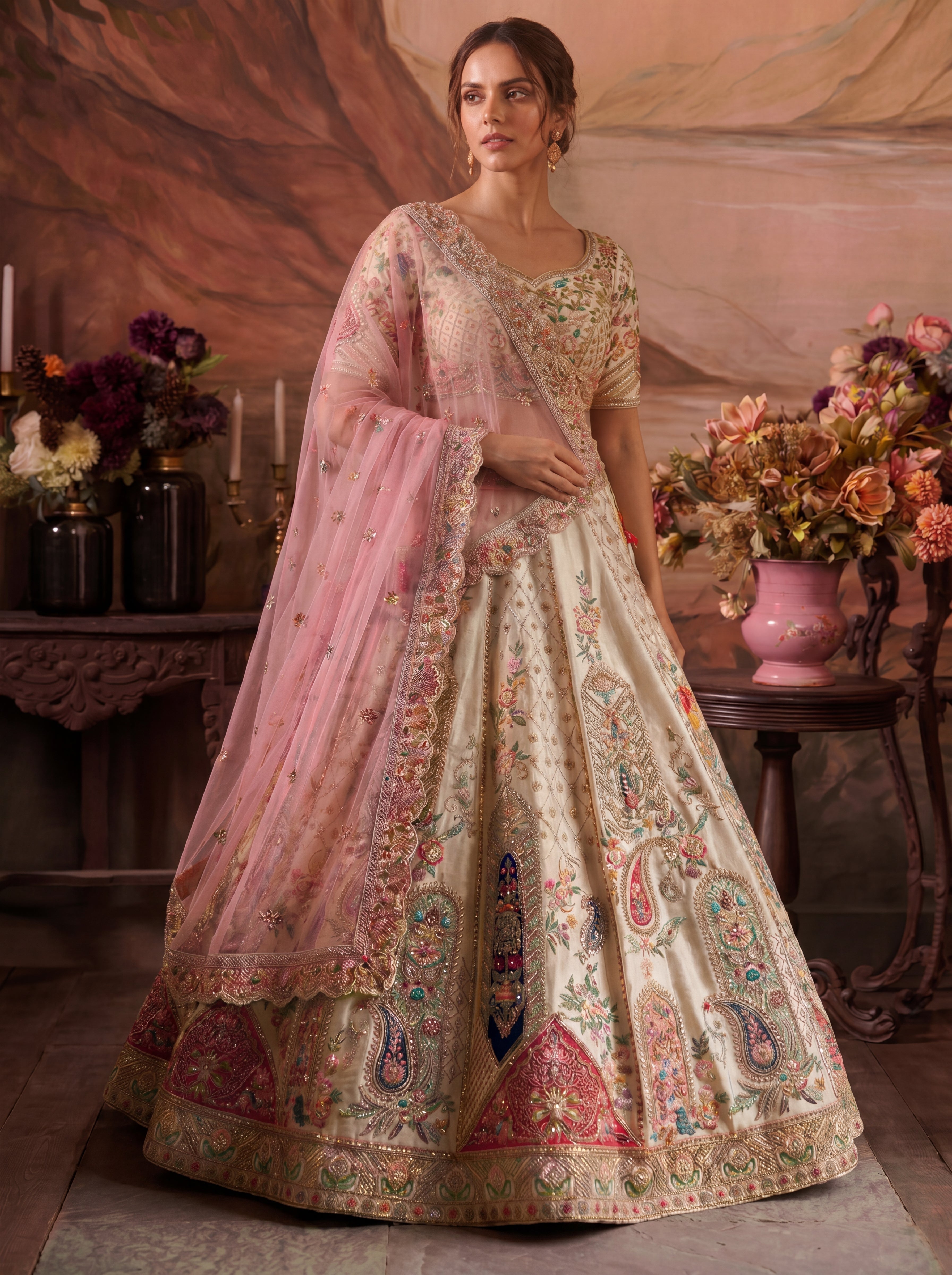 Ivory Cream Tissue Sequins Embroidered Bridal Lehenga Choli Set