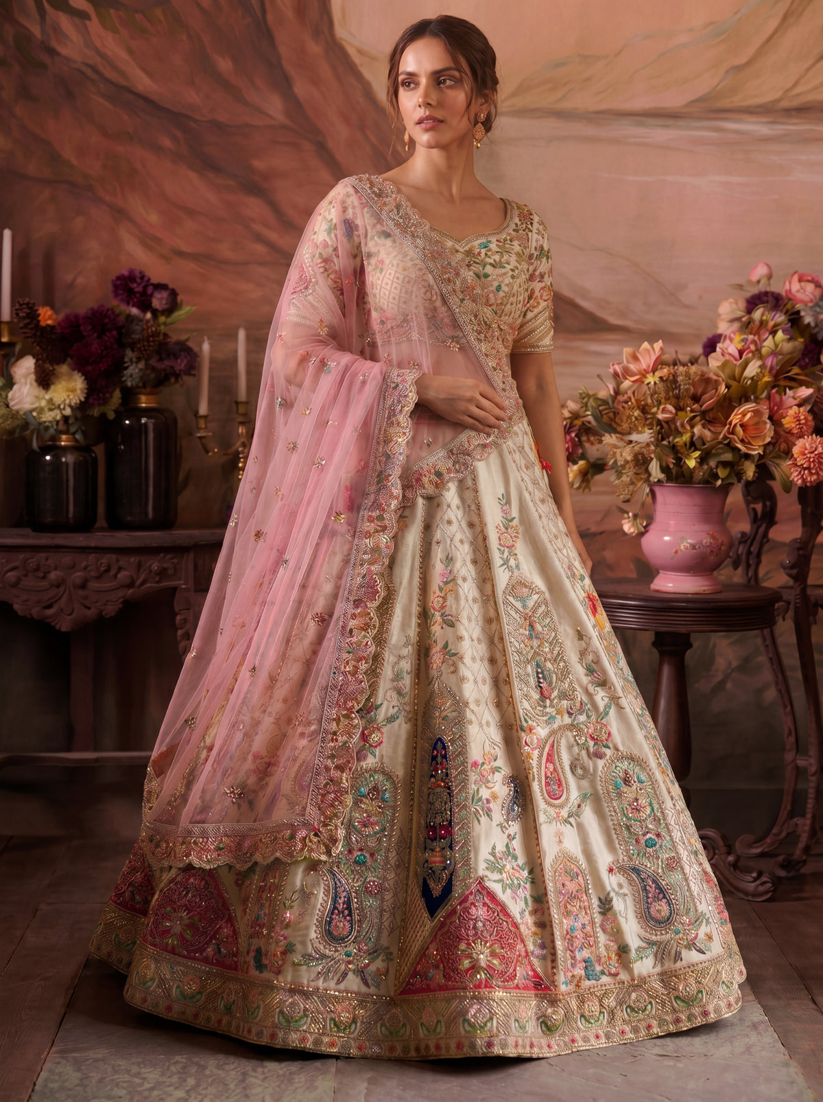 Ivory Cream Tissue Sequins Embroidered Bridal Lehenga Choli Set