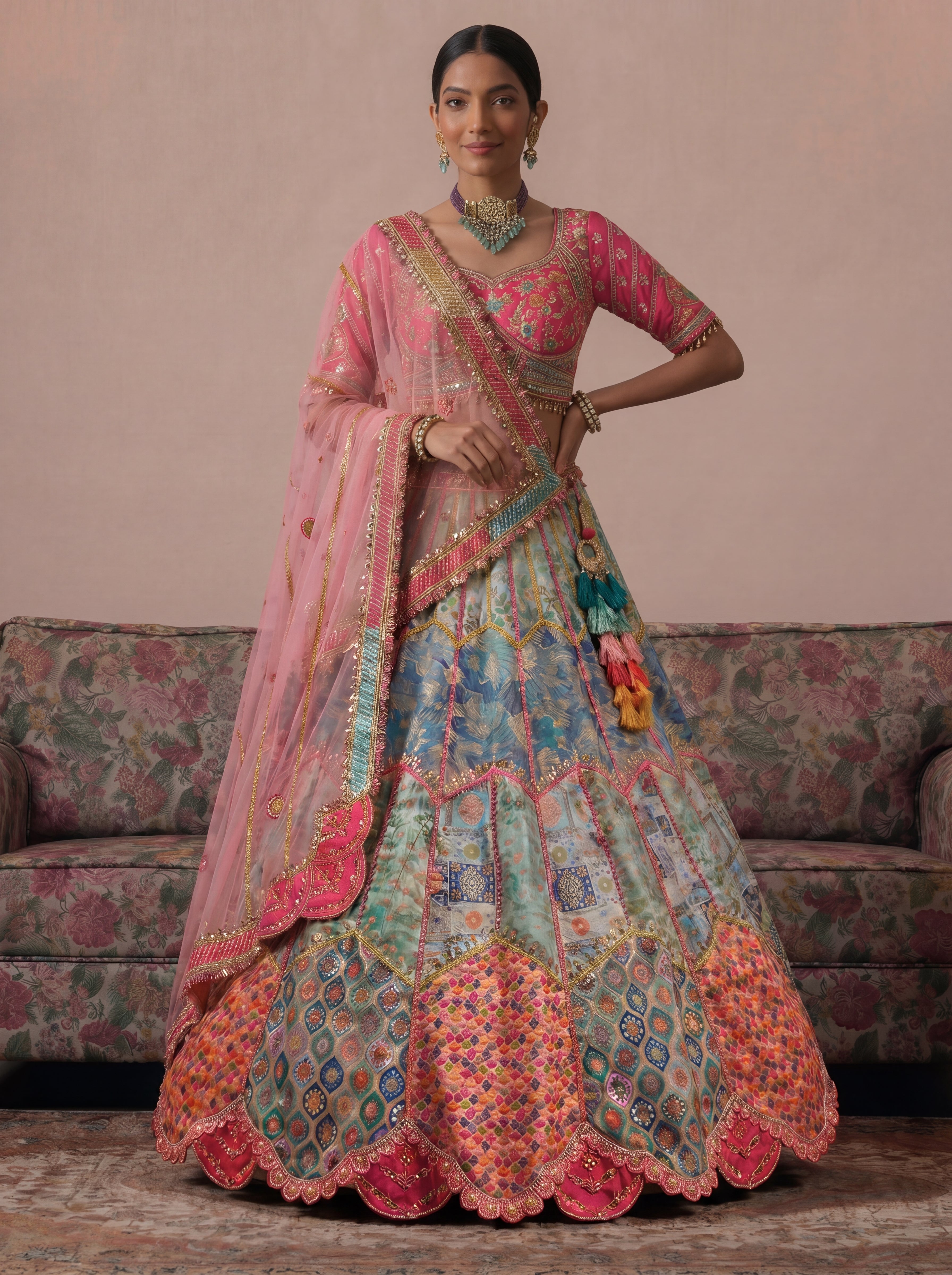 Sky Blue Viscose Jacquard Mirror Sequins Bridal Lehenga Choli
