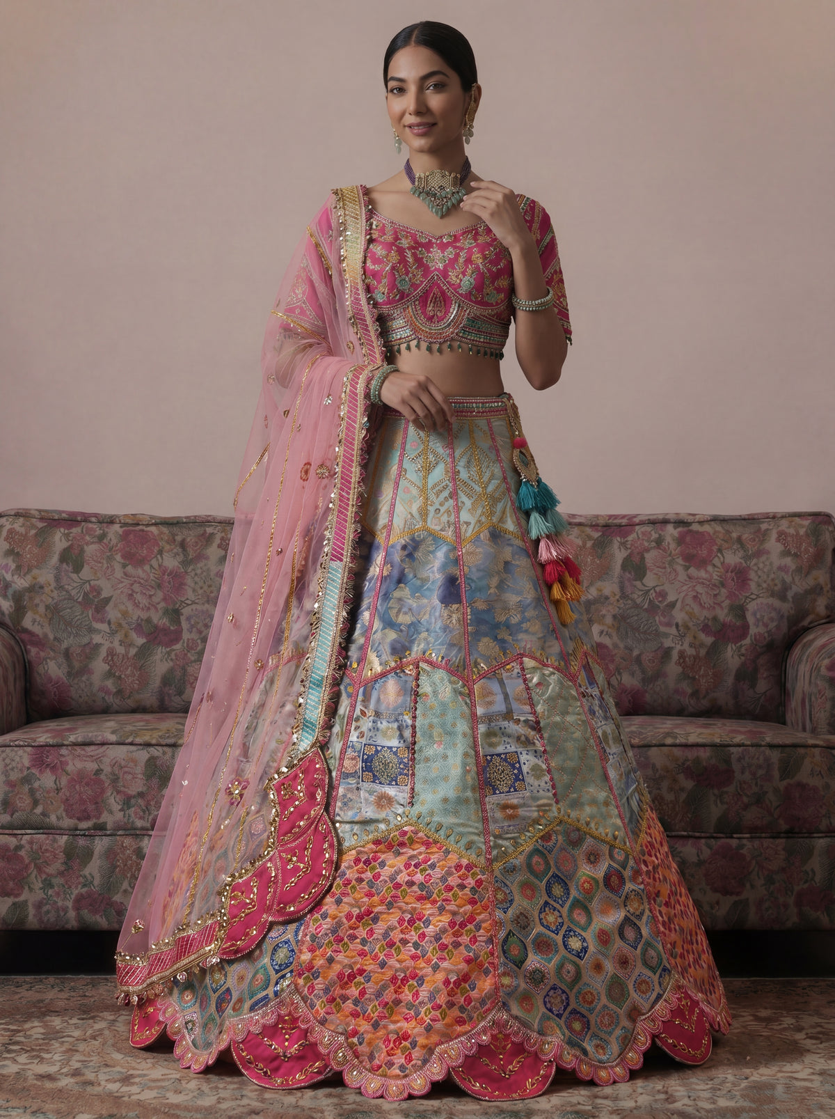 Sky Blue Viscose Jacquard Mirror Sequins Bridal Lehenga Choli