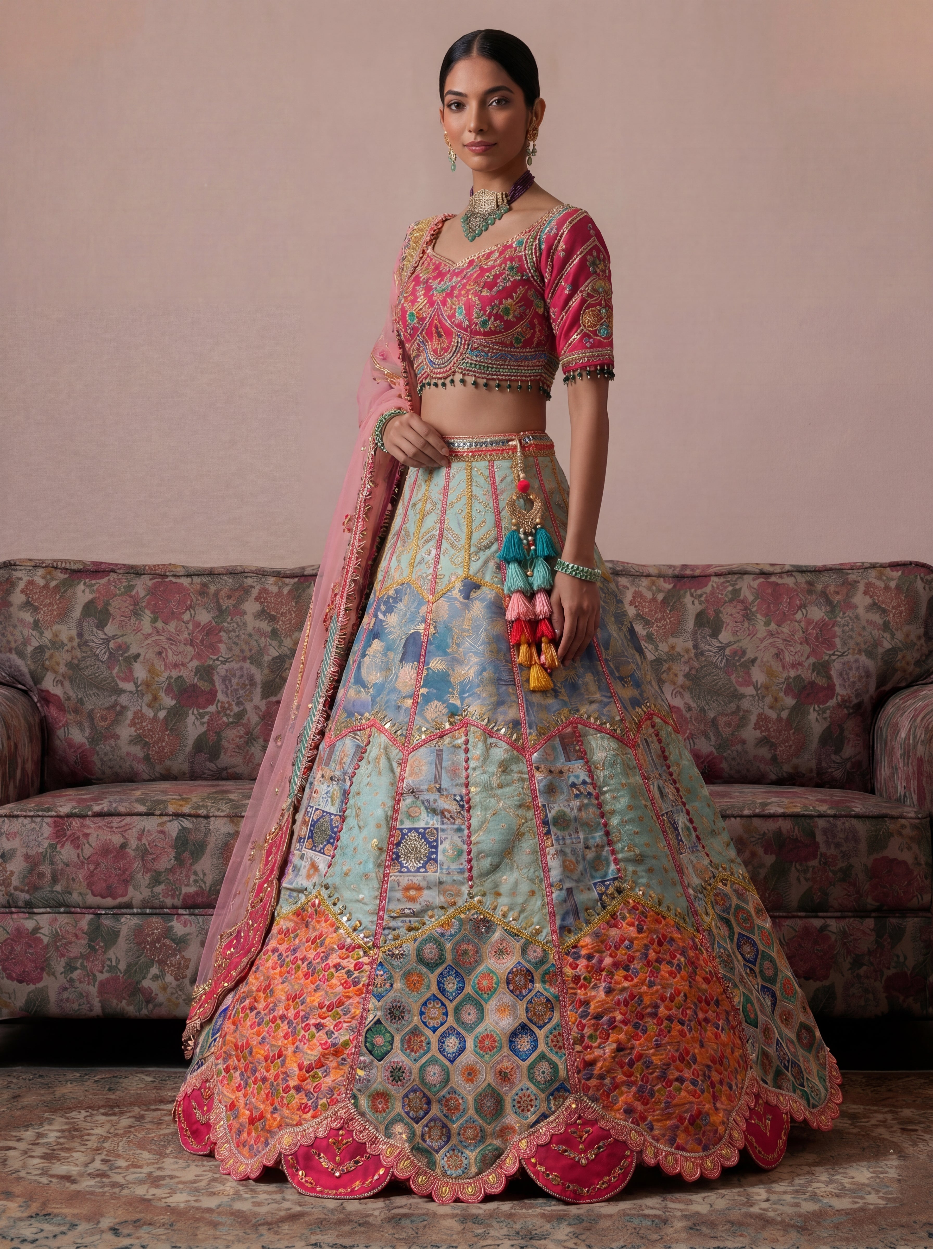 Sky Blue Viscose Jacquard Mirror Sequins Bridal Lehenga Choli