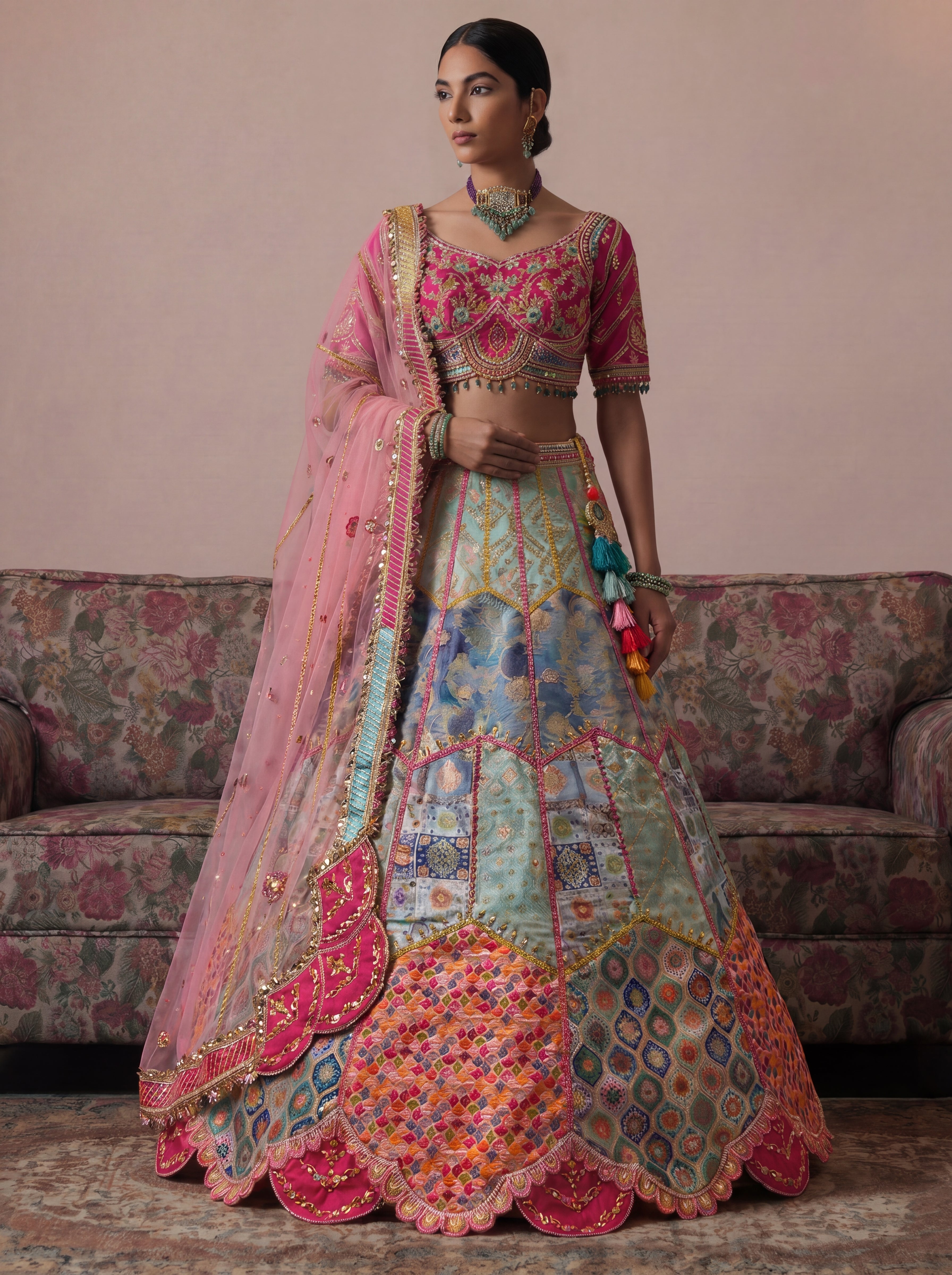 Sky Blue Viscose Jacquard Mirror Sequins Bridal Lehenga Choli
