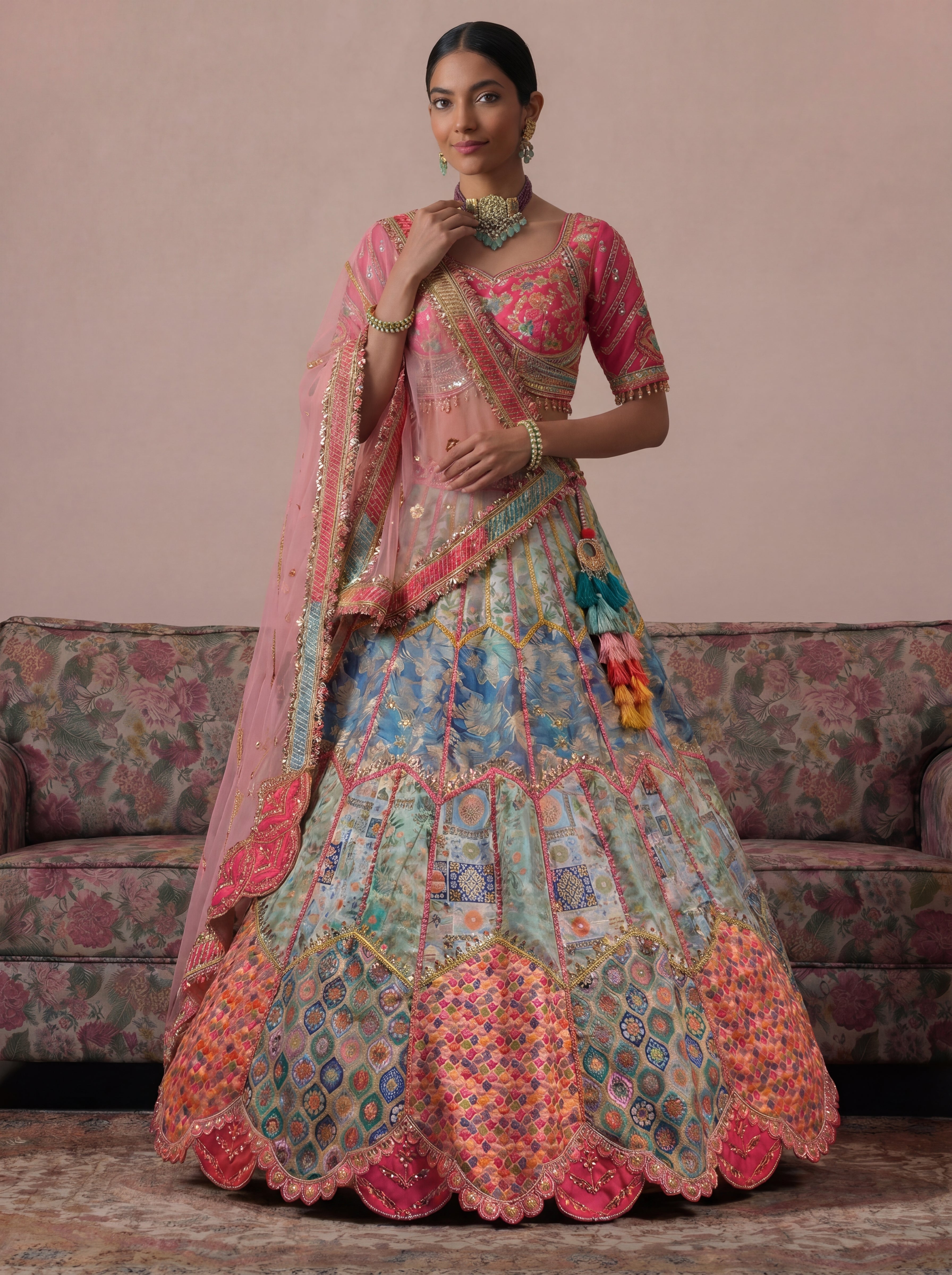 Sky Blue Viscose Jacquard Mirror Sequins Bridal Lehenga Choli