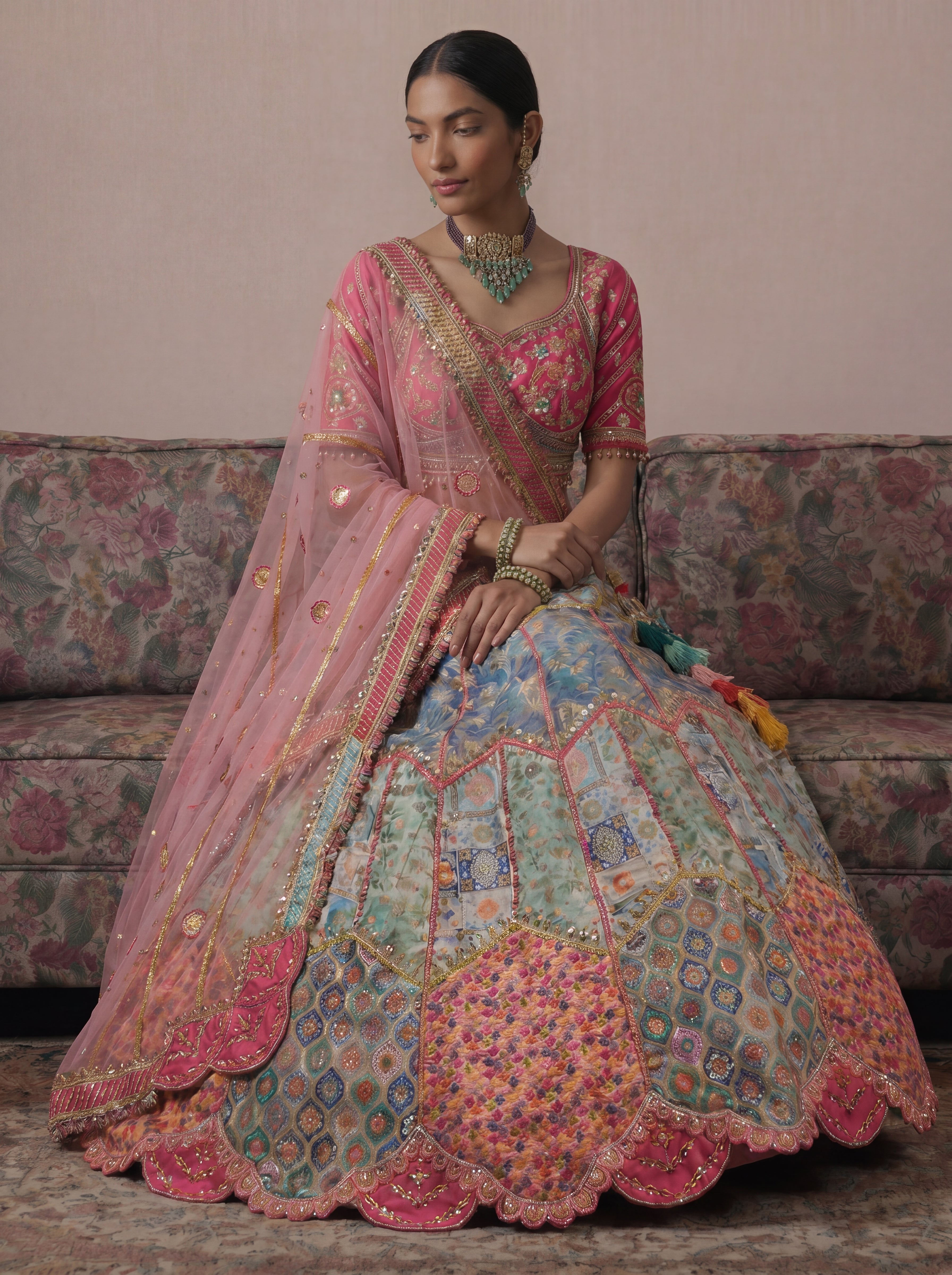Sky Blue Viscose Jacquard Mirror Sequins Bridal Lehenga Choli