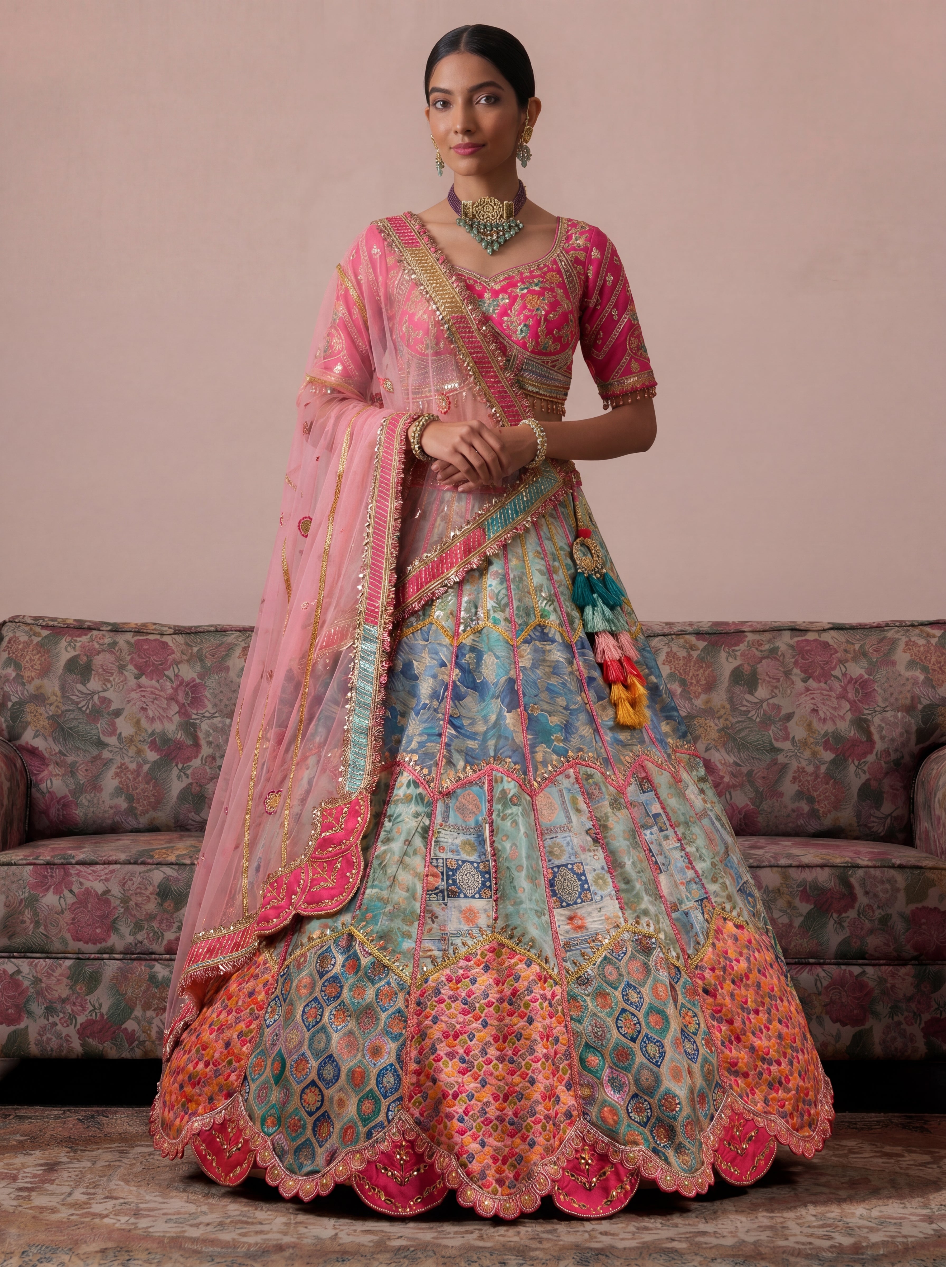 Sky Blue Viscose Jacquard Mirror Sequins Bridal Lehenga Choli