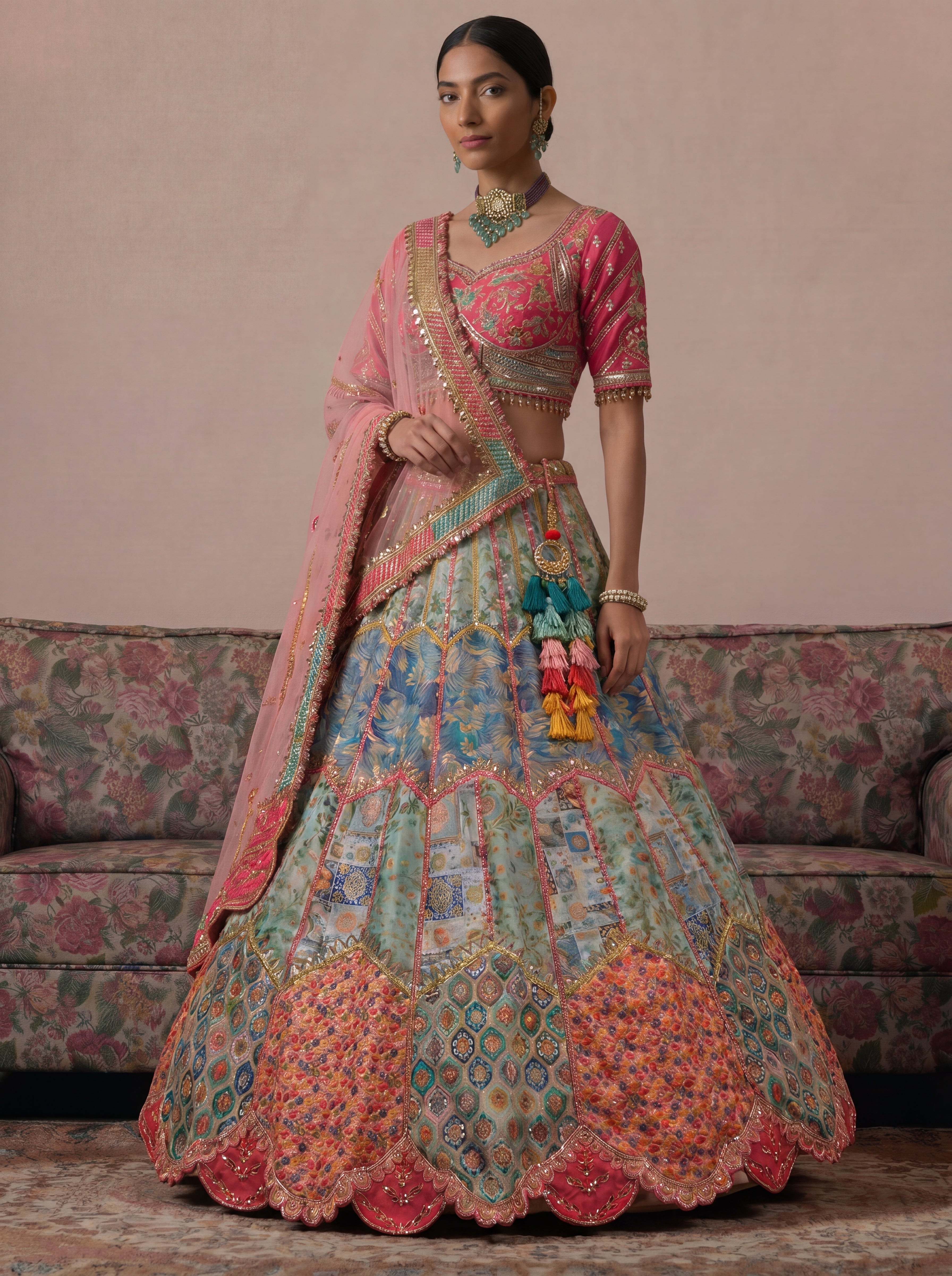 Sky Blue Viscose Jacquard Mirror Sequins Bridal Lehenga Choli