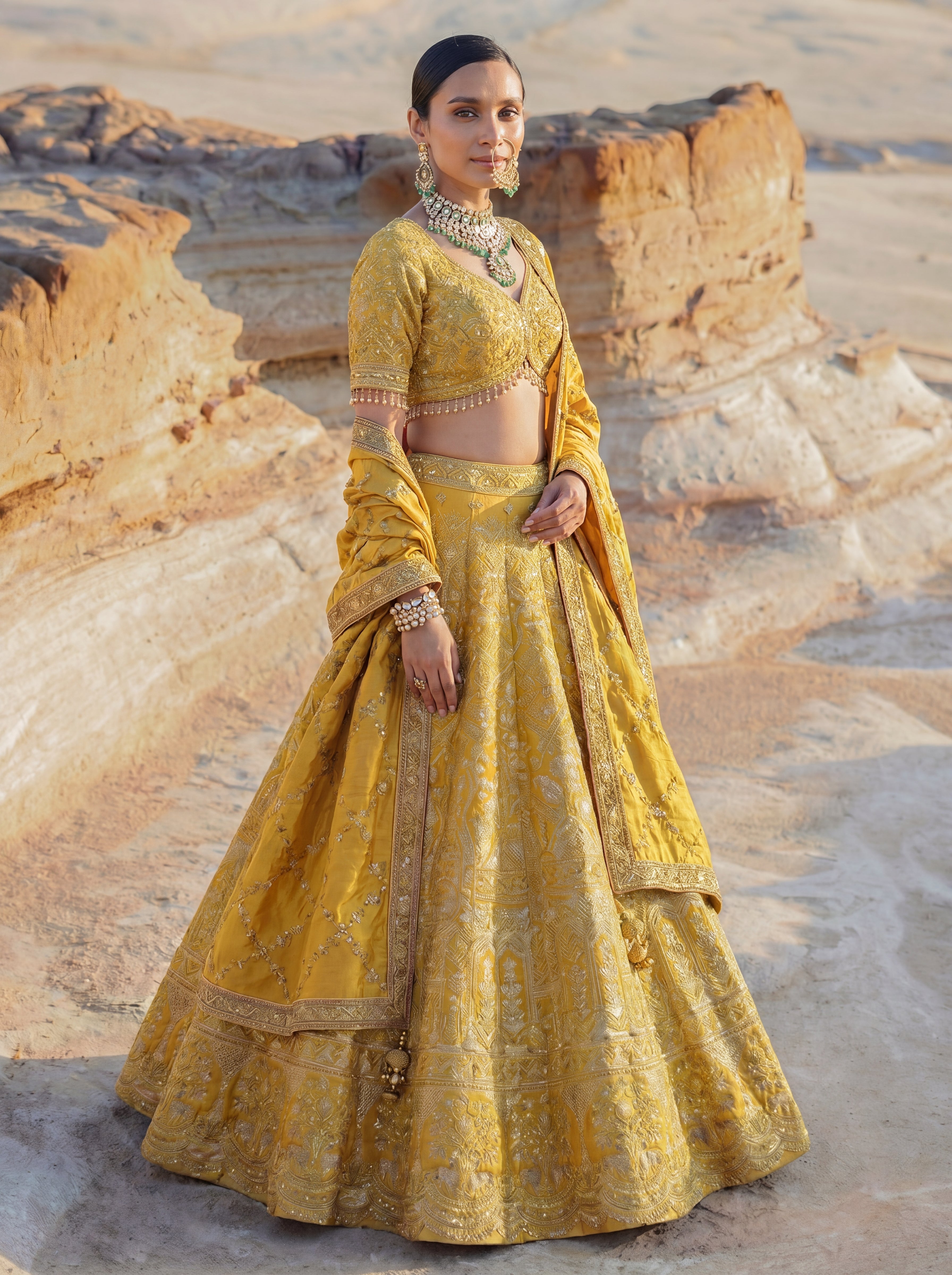 Sunshine Yellow Viscose Jacquard Wedding Lehenga Choli Set