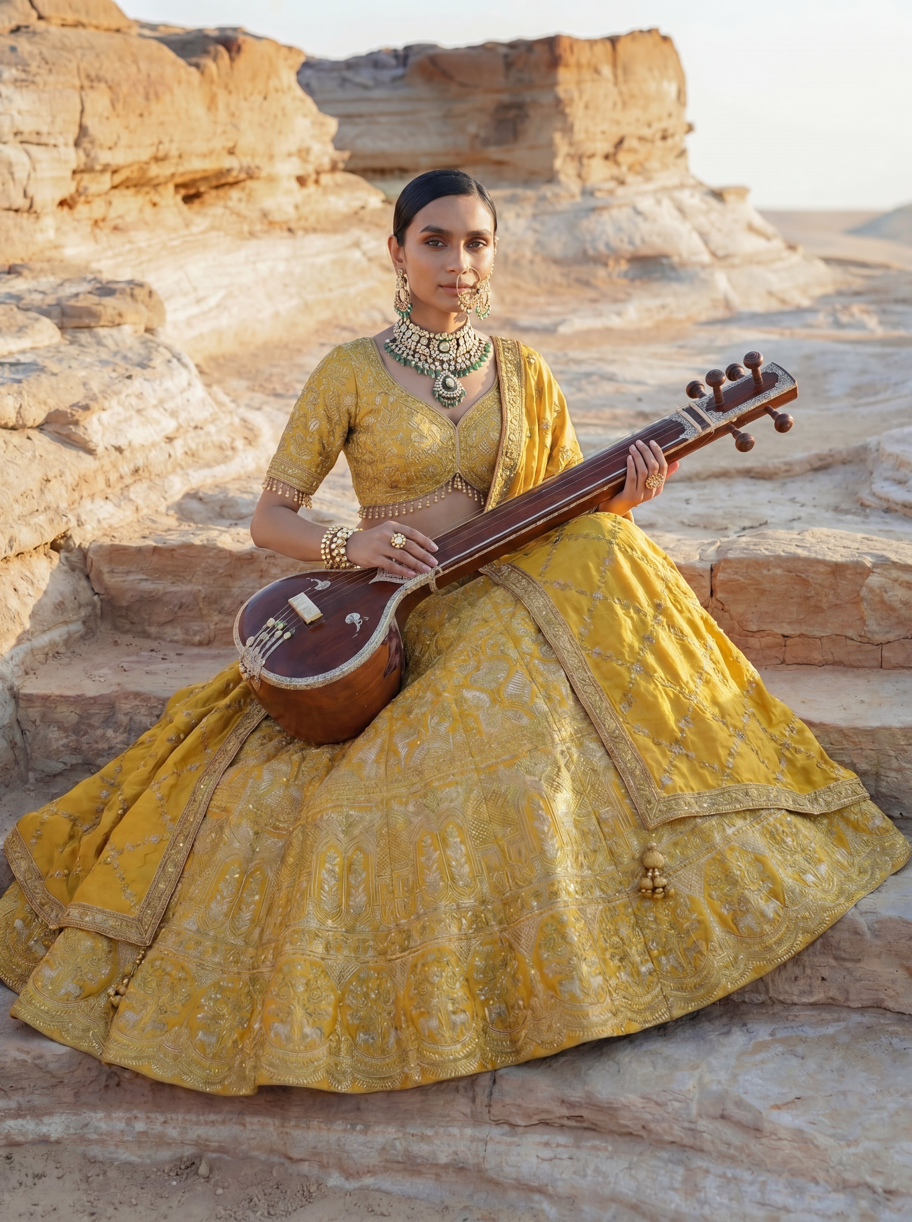 Sunshine Yellow Viscose Jacquard Wedding Lehenga Choli Set