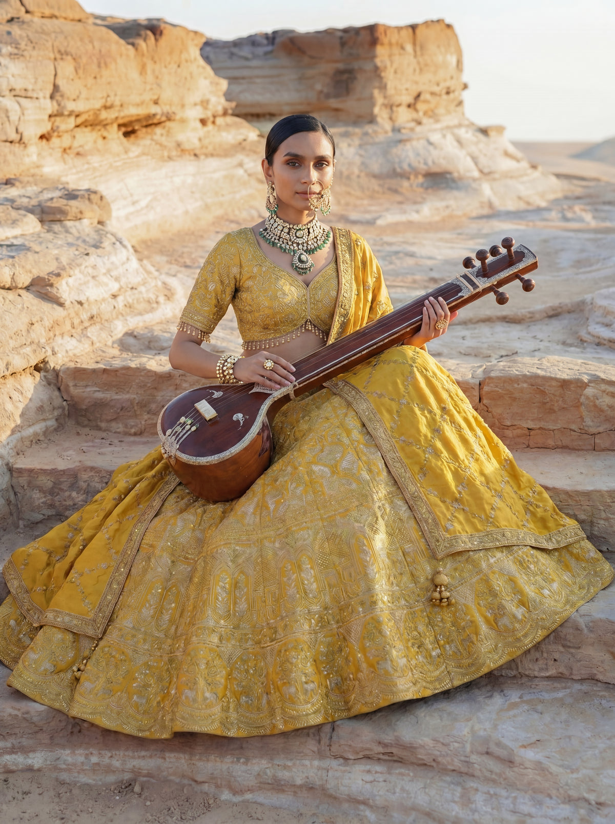 Sunshine Yellow Viscose Jacquard Wedding Lehenga Choli Set