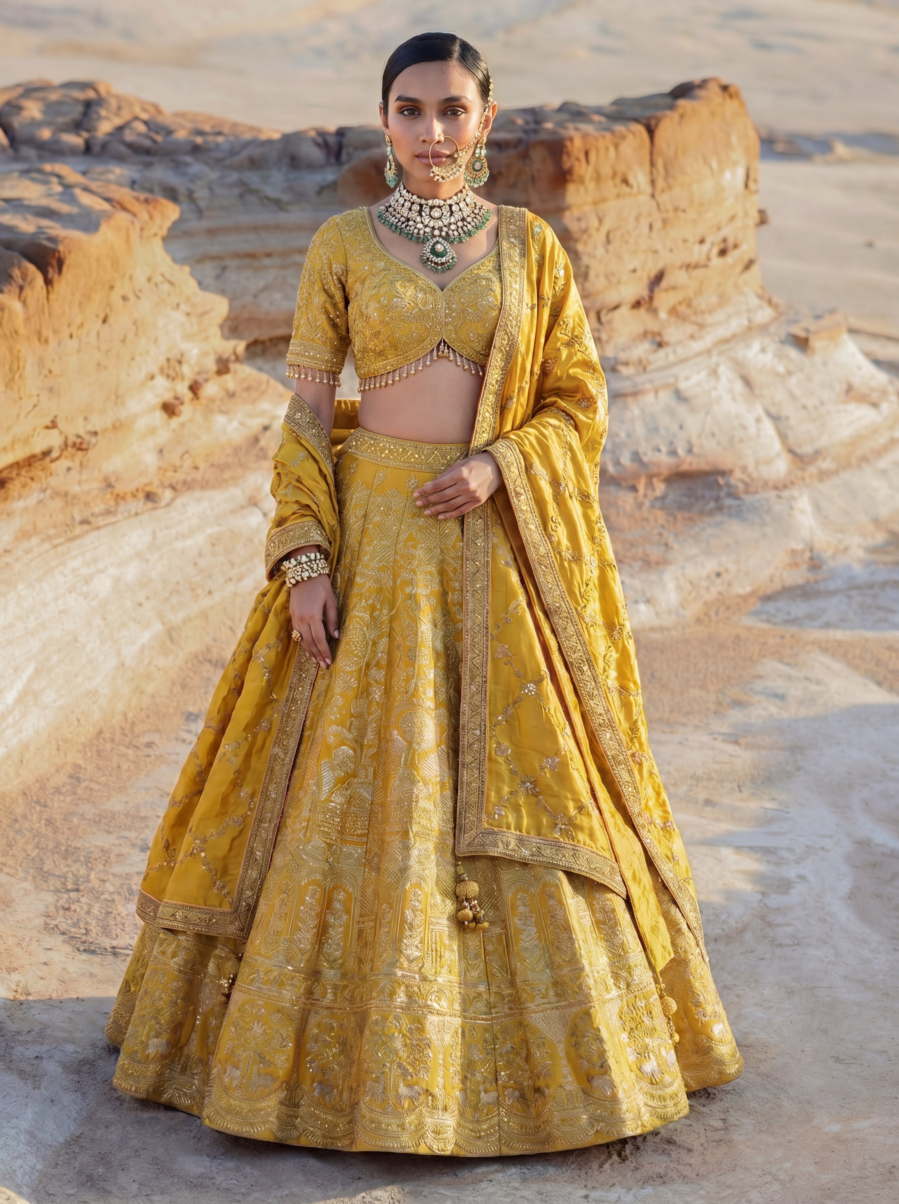 Sunshine Yellow Viscose Jacquard Wedding Lehenga Choli Set