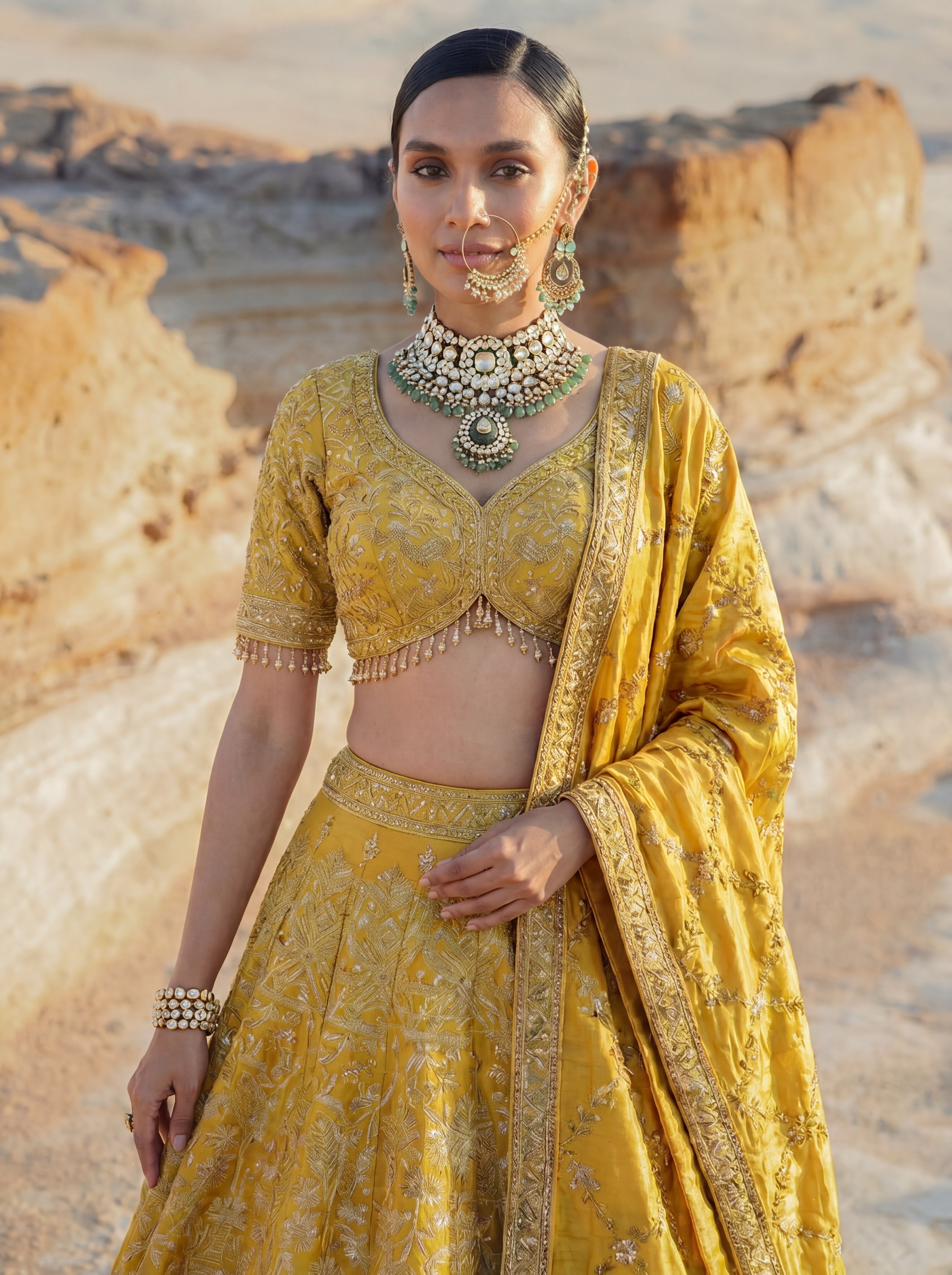 Sunshine Yellow Viscose Jacquard Wedding Lehenga Choli Set