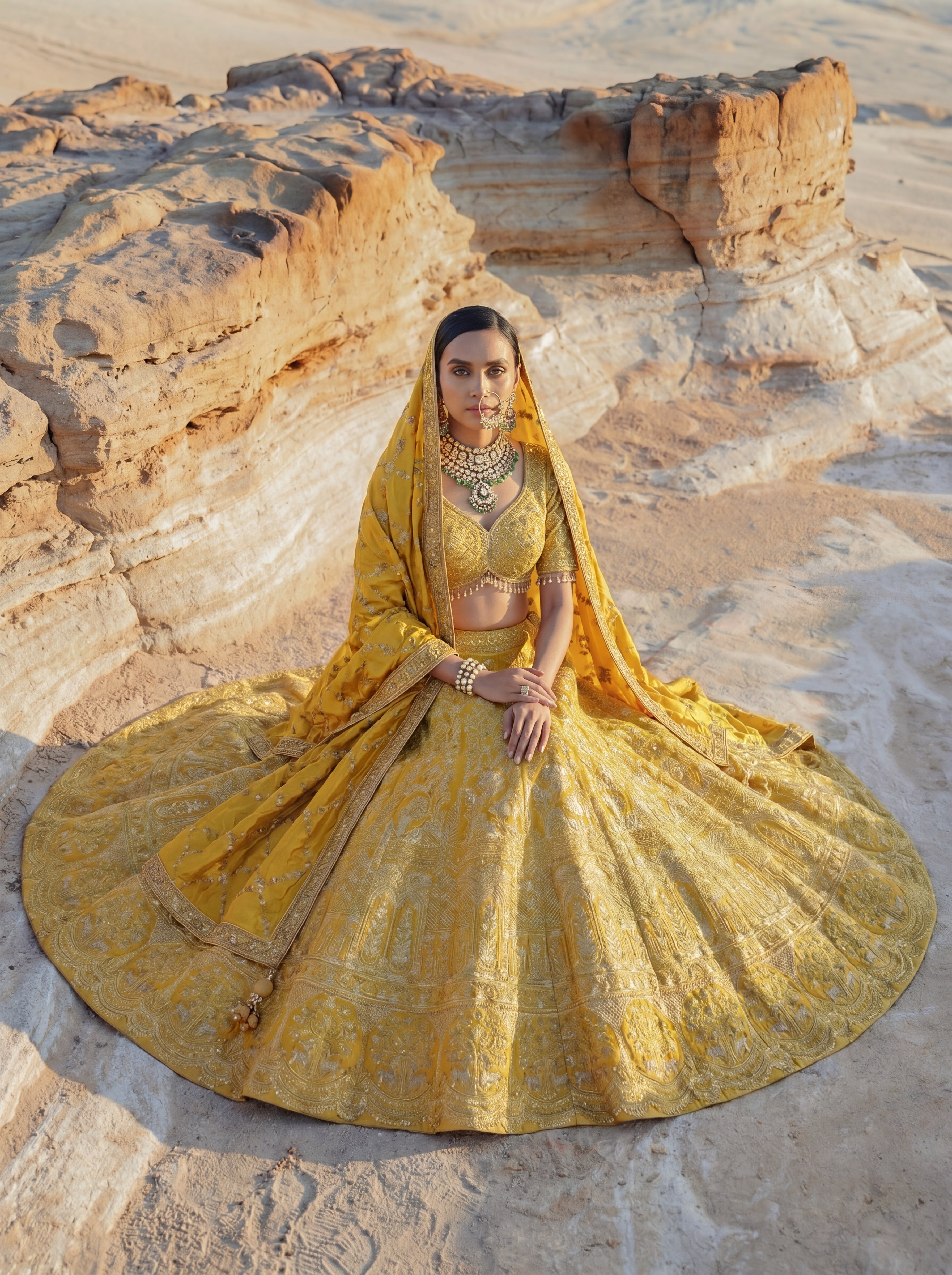 Sunshine Yellow Viscose Jacquard Wedding Lehenga Choli Set