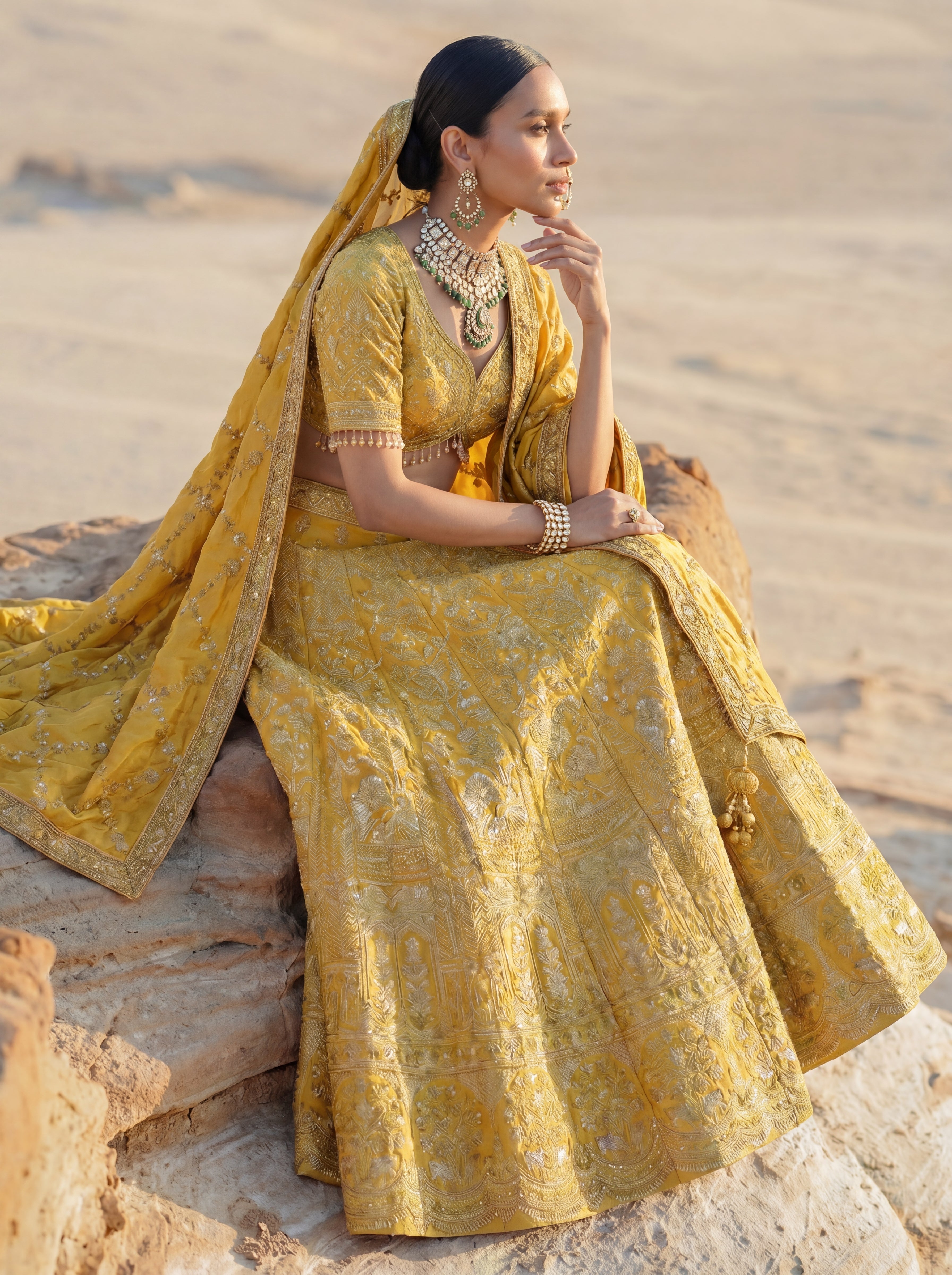 Sunshine Yellow Viscose Jacquard Wedding Lehenga Choli Set