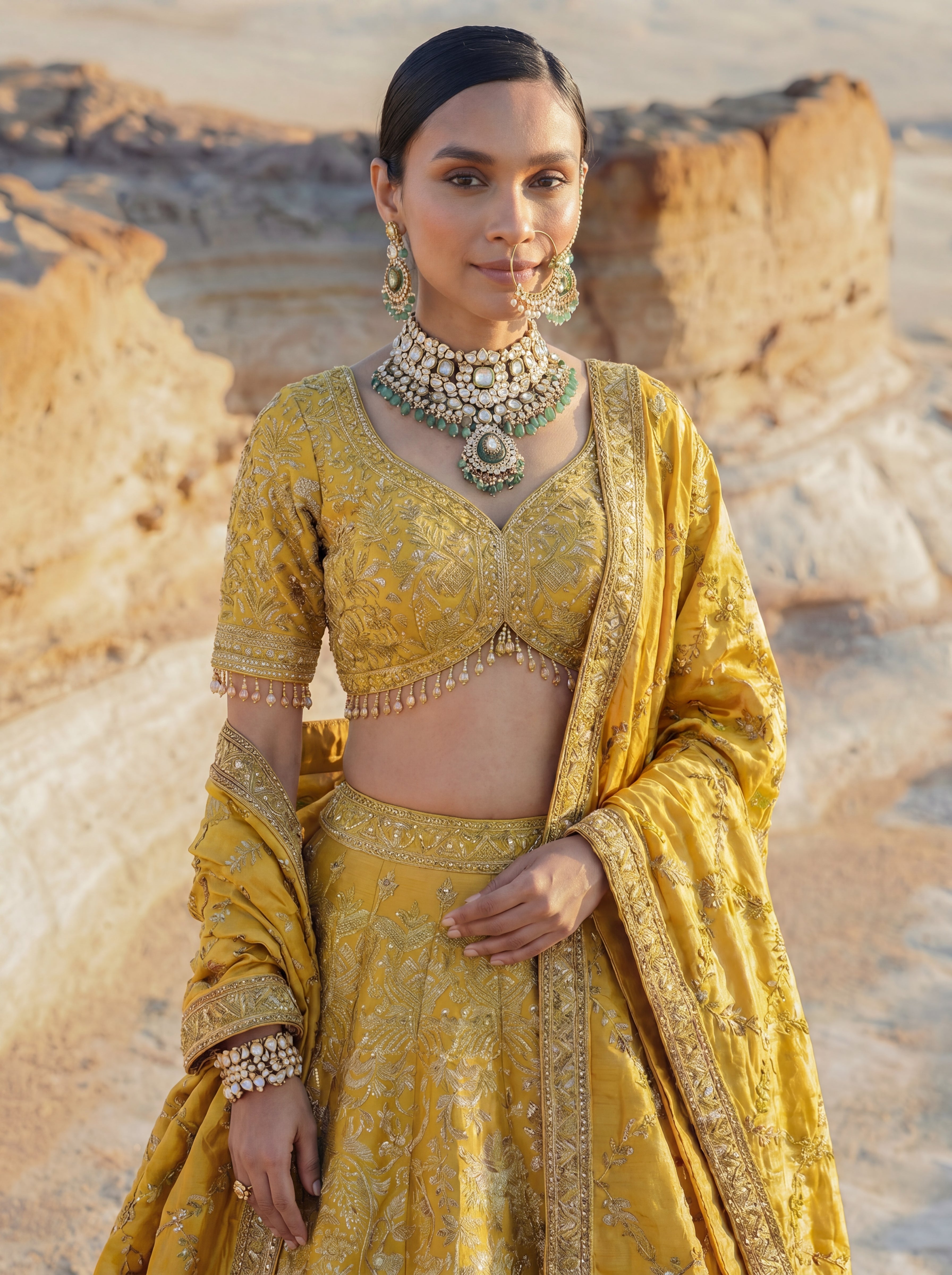 Sunshine Yellow Viscose Jacquard Wedding Lehenga Choli Set