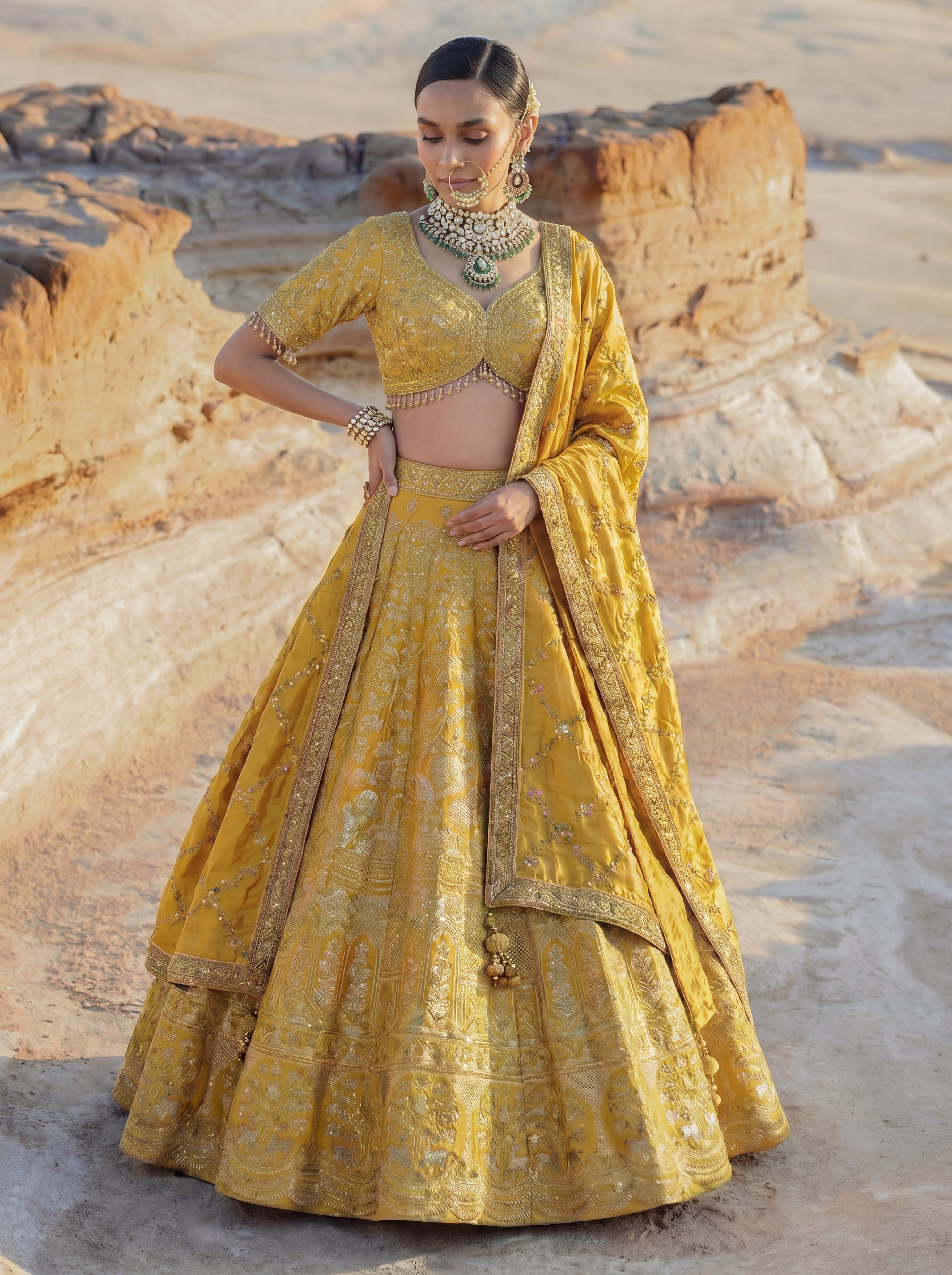 Sunshine Yellow Viscose Jacquard Wedding Lehenga Choli Set