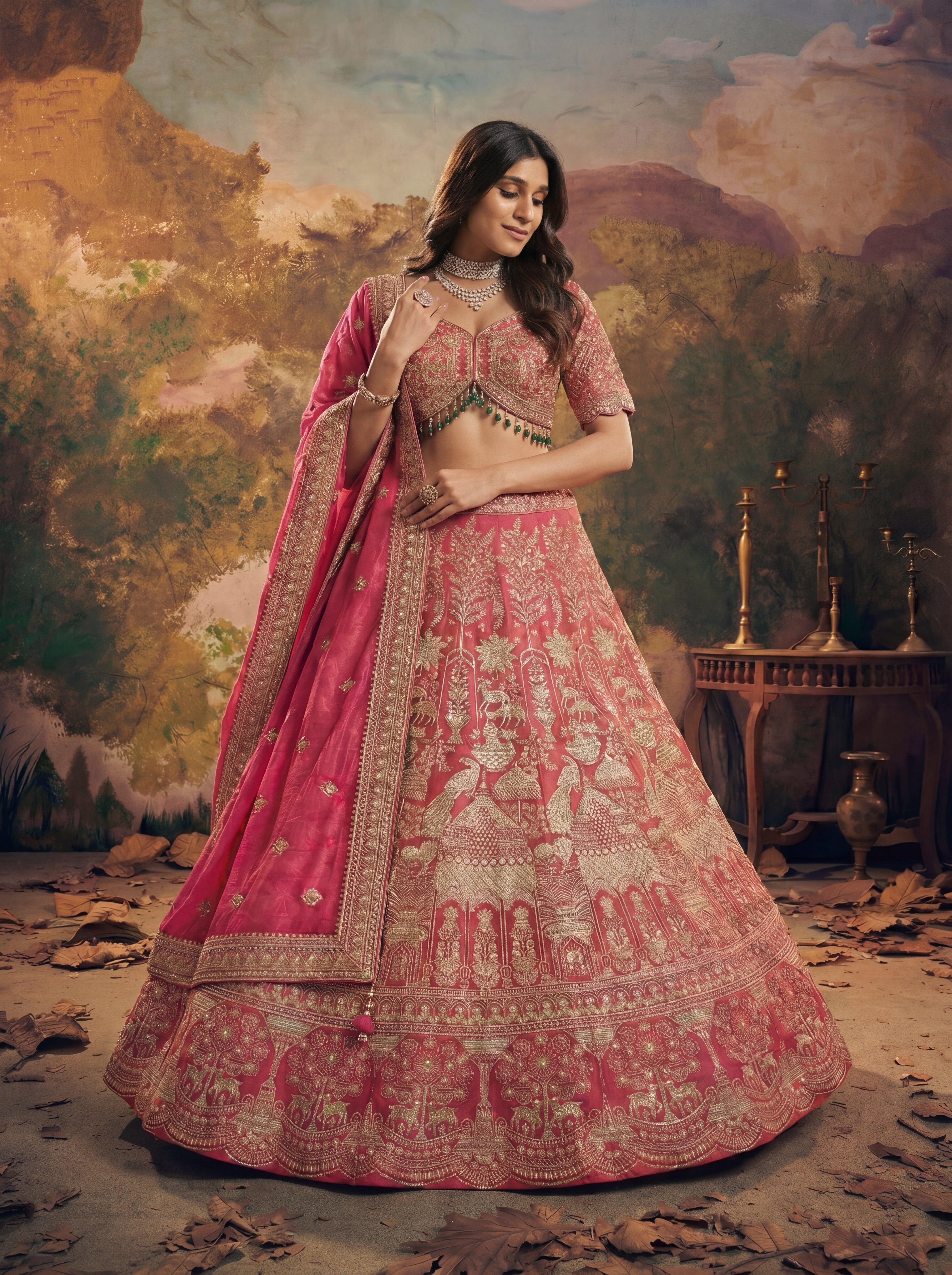 Hot Pink Viscose Jacquard Weaving Bridal Lehenga Choli Set