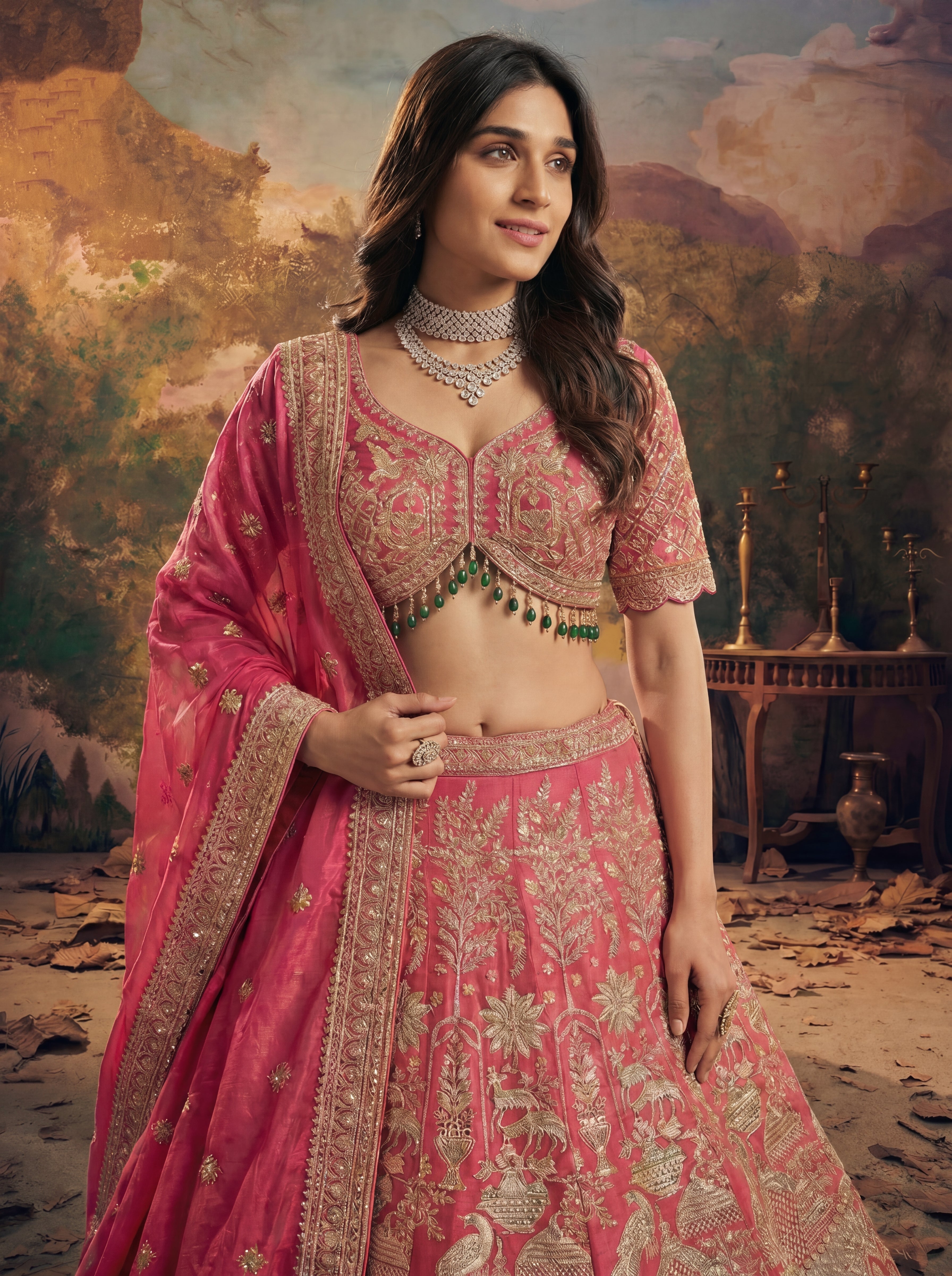 Hot Pink Viscose Jacquard Weaving Bridal Lehenga Choli Set