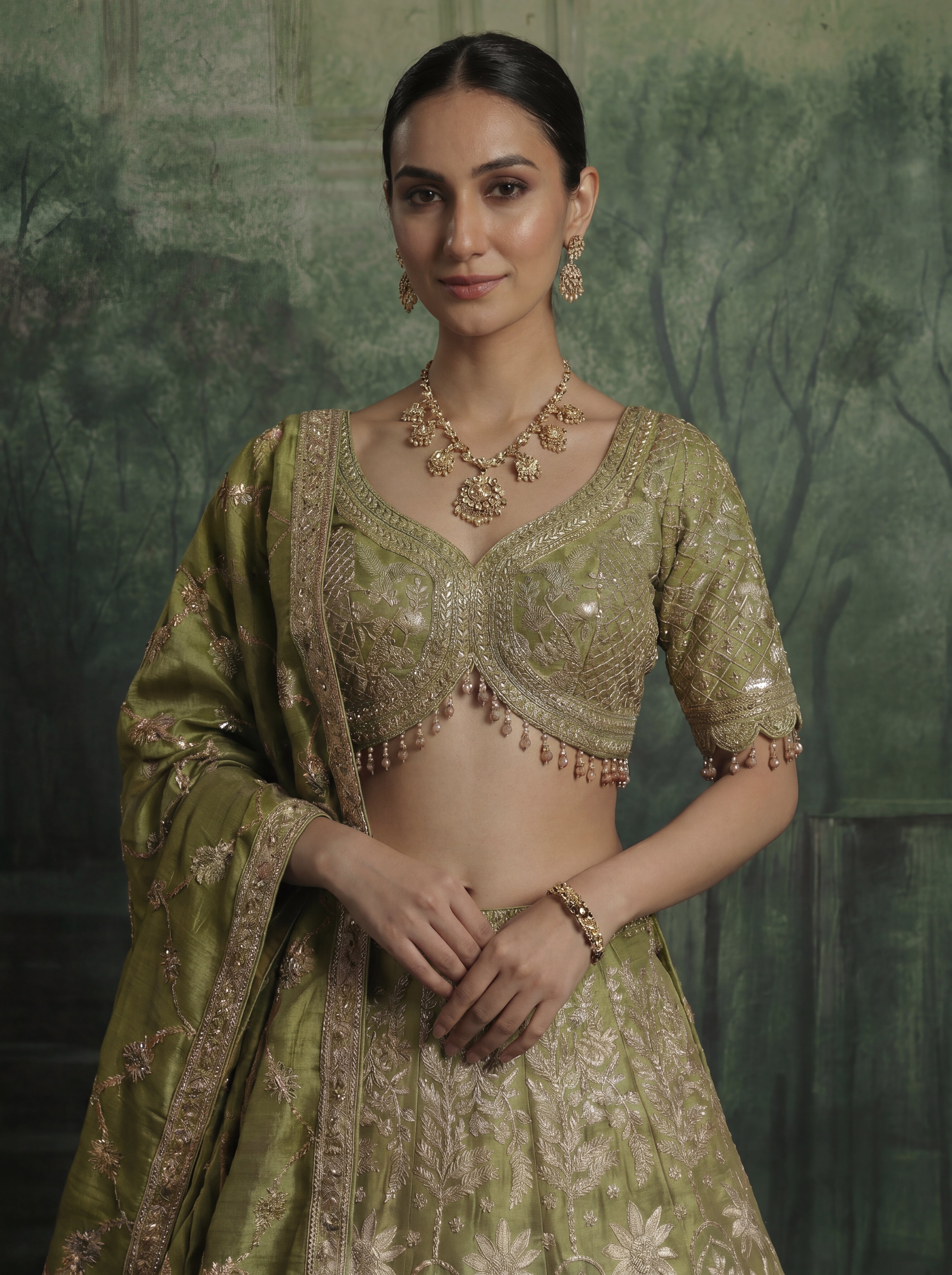 Sage Green Viscose Jacquard Weaving Bridal Lehenga Choli Set