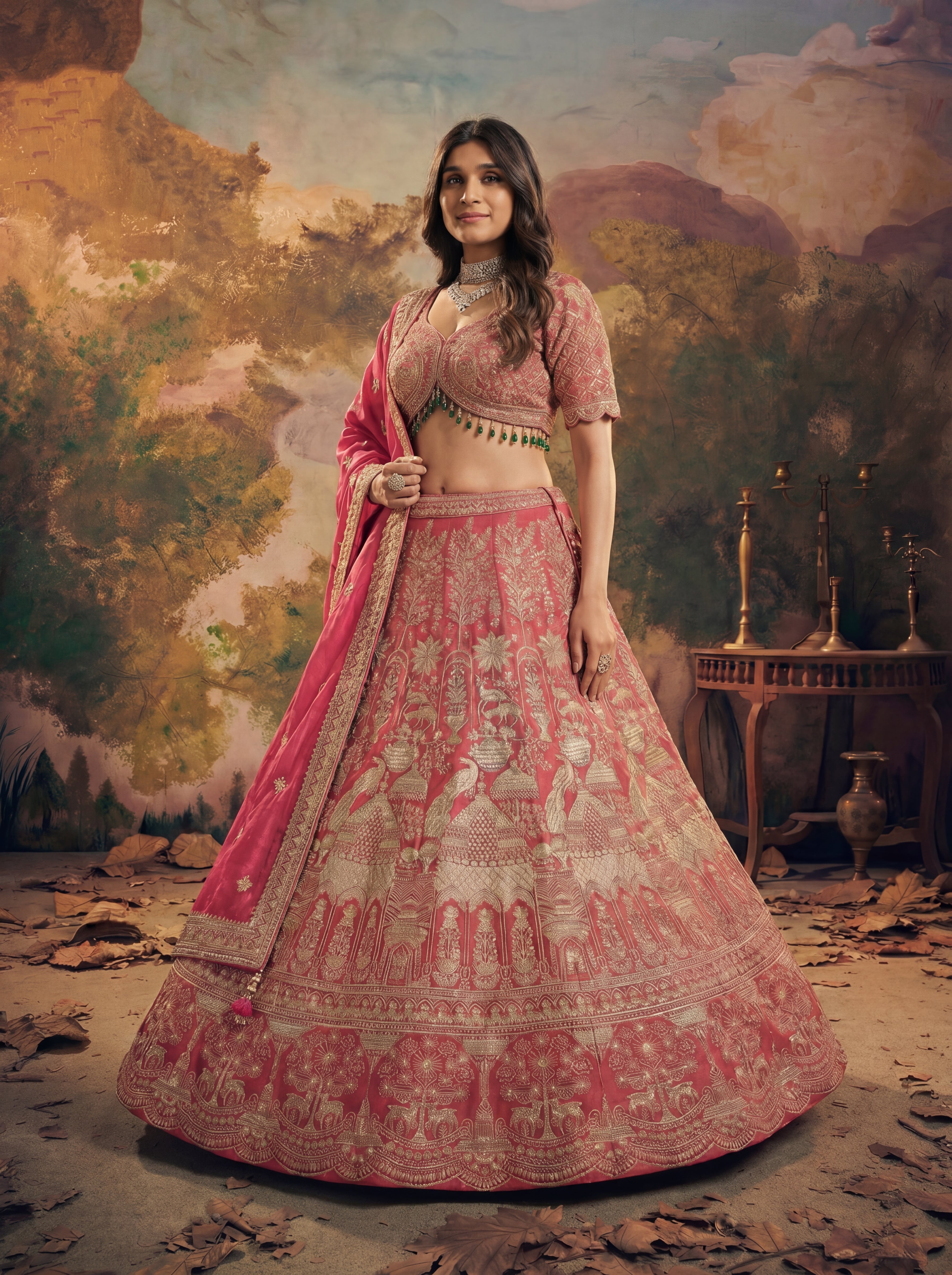 Hot Pink Viscose Jacquard Weaving Bridal Lehenga Choli Set