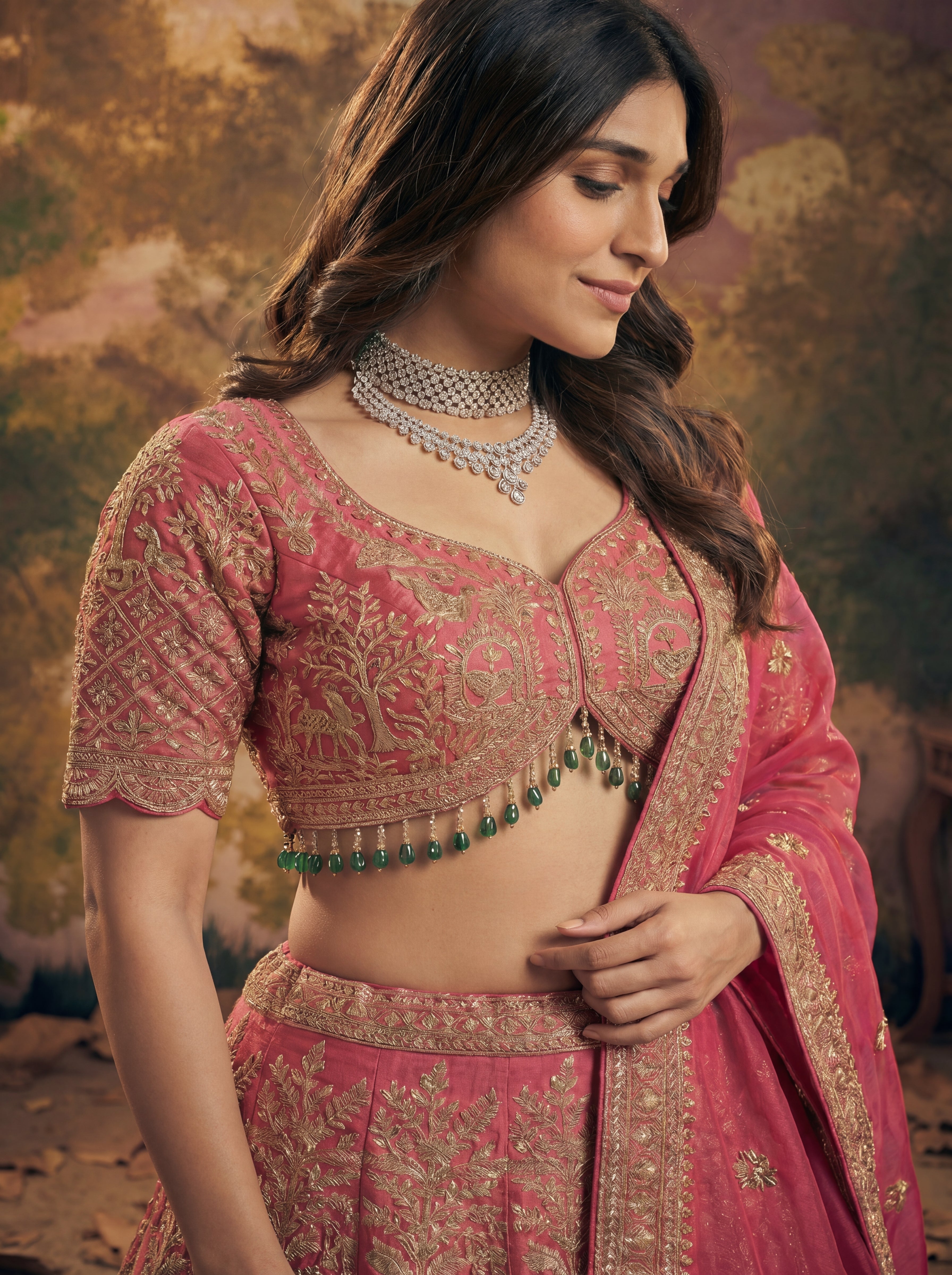 Hot Pink Viscose Jacquard Weaving Bridal Lehenga Choli Set