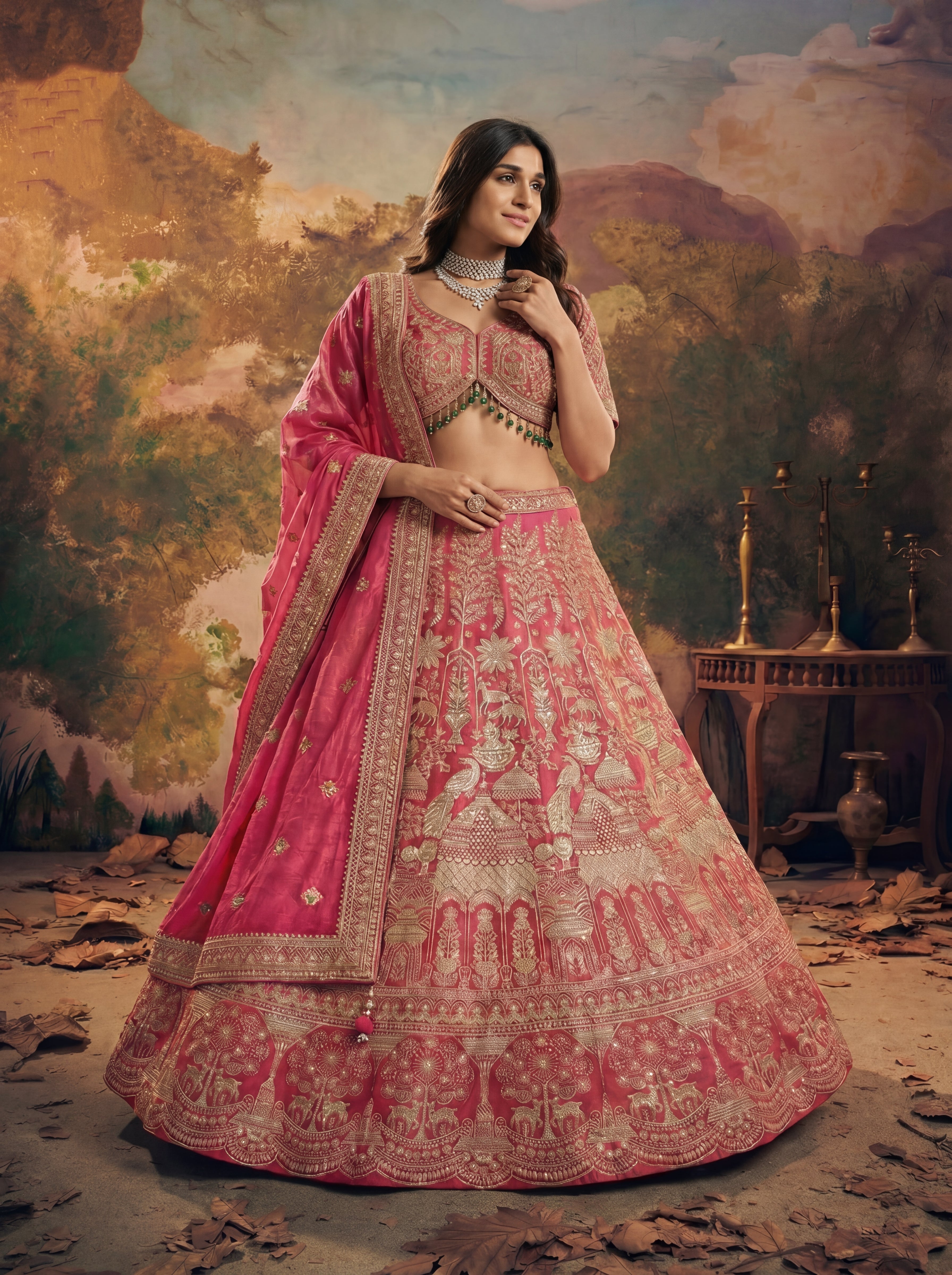 Hot Pink Viscose Jacquard Weaving Bridal Lehenga Choli Set
