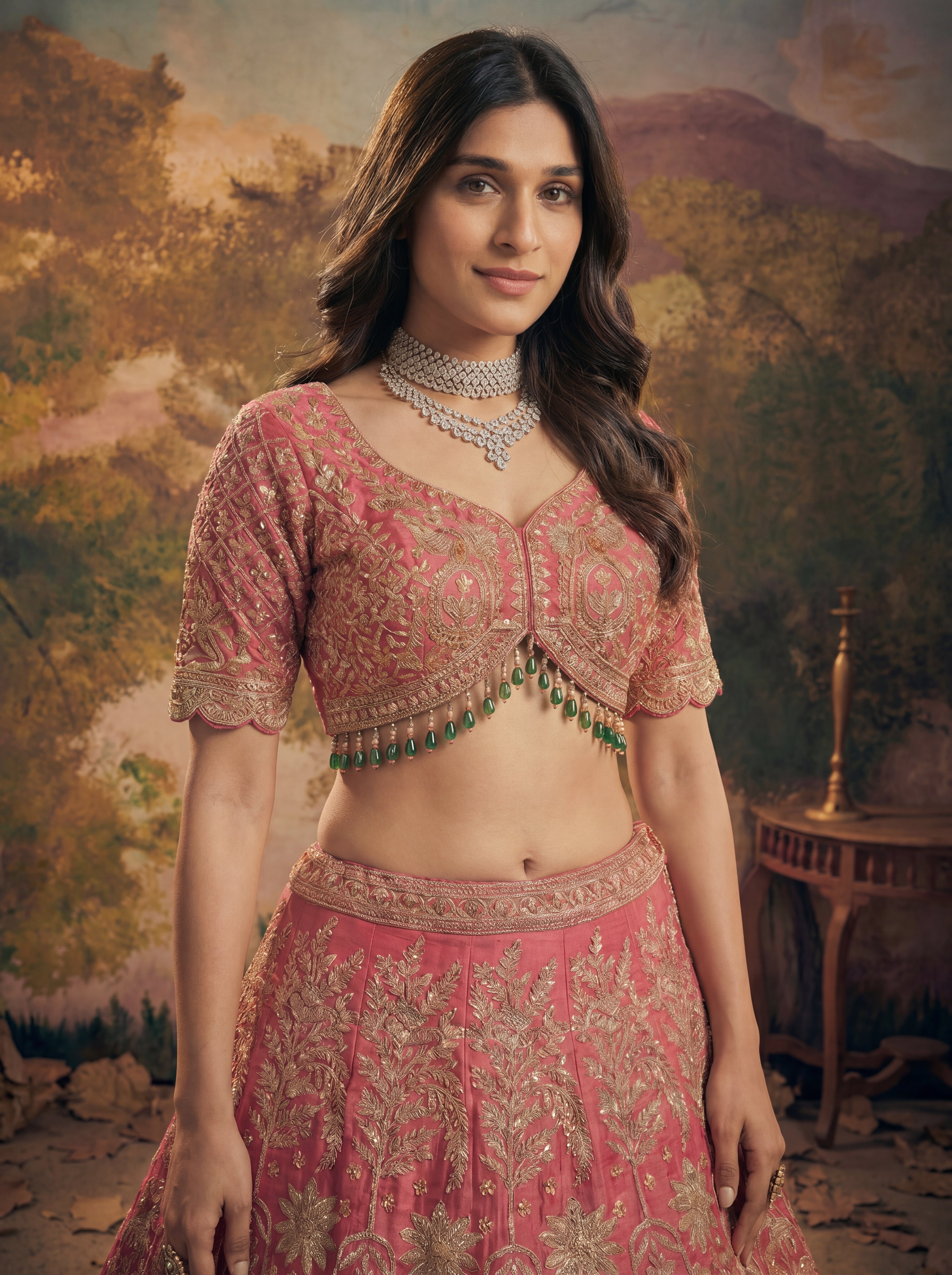 Hot Pink Viscose Jacquard Weaving Bridal Lehenga Choli Set
