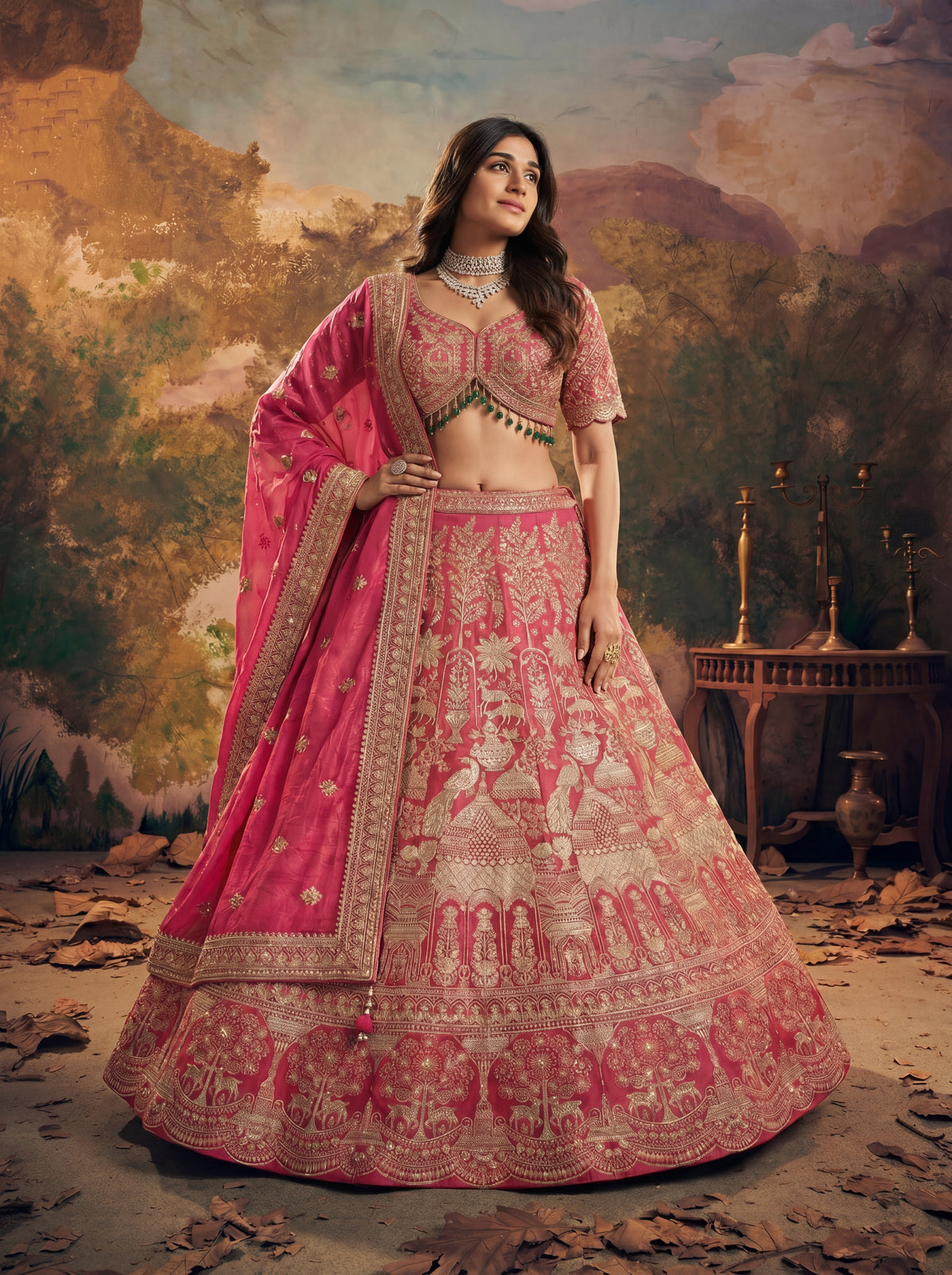 Hot Pink Viscose Jacquard Weaving Bridal Lehenga Choli Set