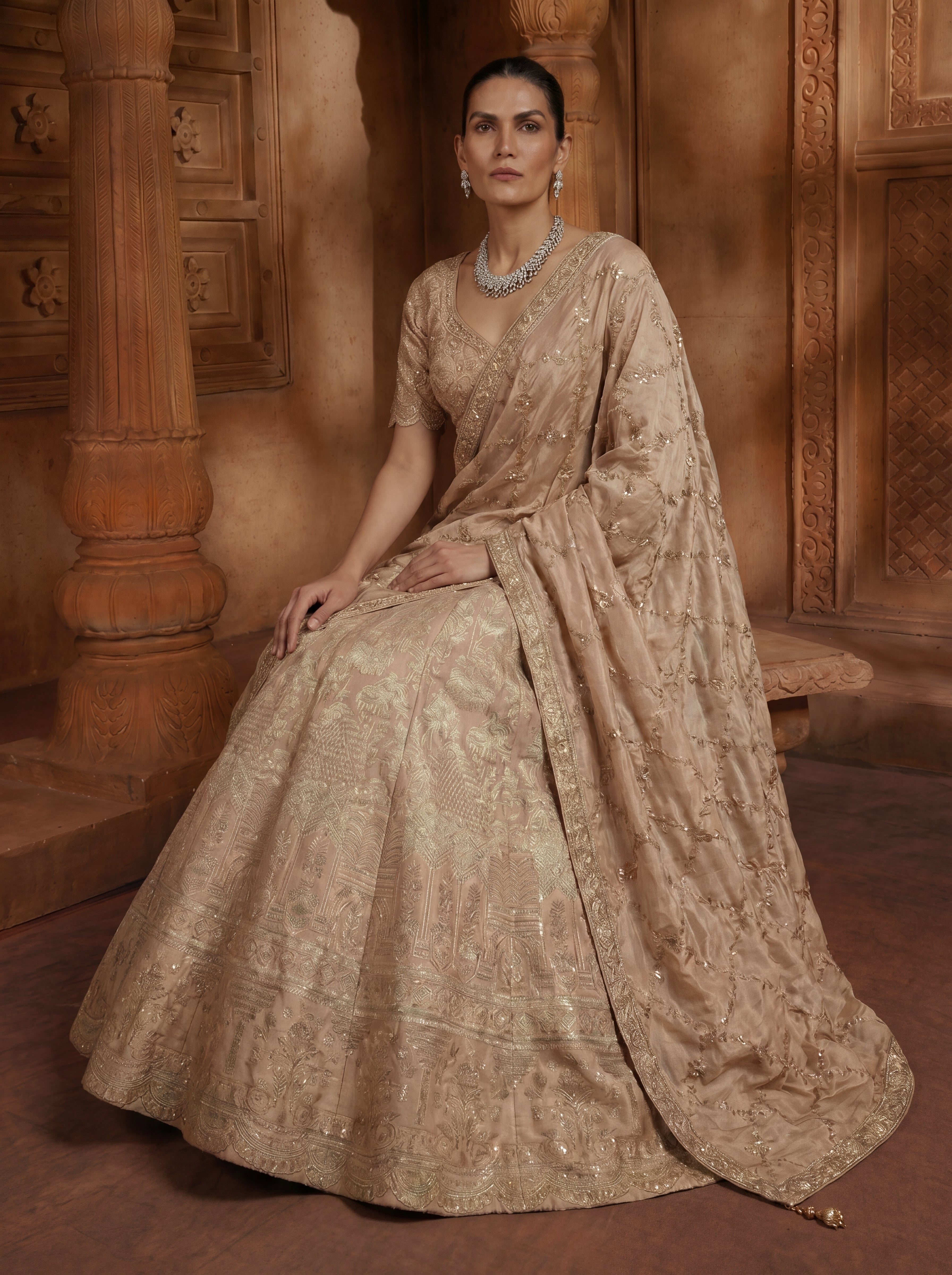 Champagne Gold Viscose Jacquard Weaving Bridal Lehenga Choli Set