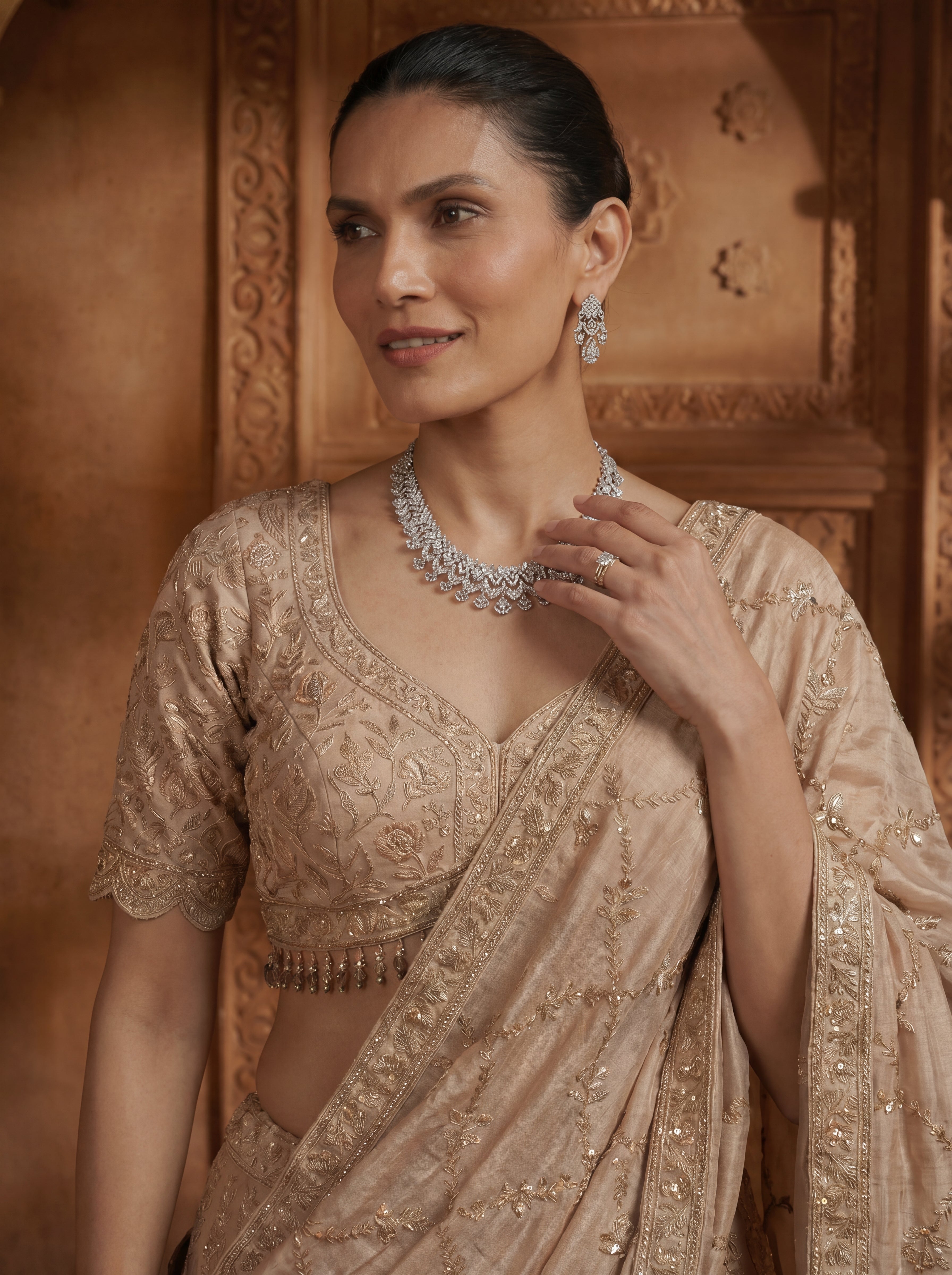 Champagne Gold Viscose Jacquard Weaving Bridal Lehenga Choli Set