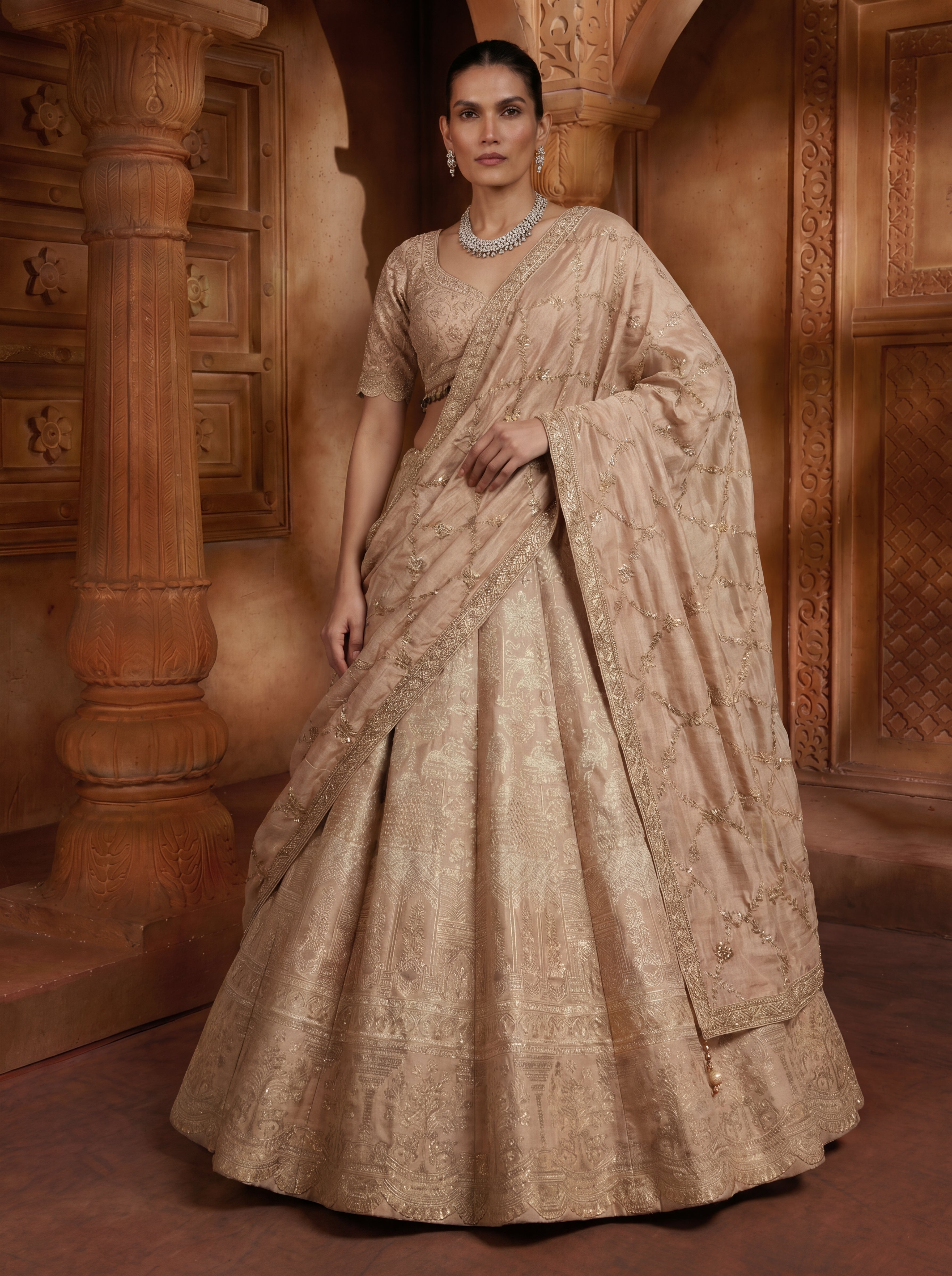 Champagne Gold Viscose Jacquard Weaving Bridal Lehenga Choli Set