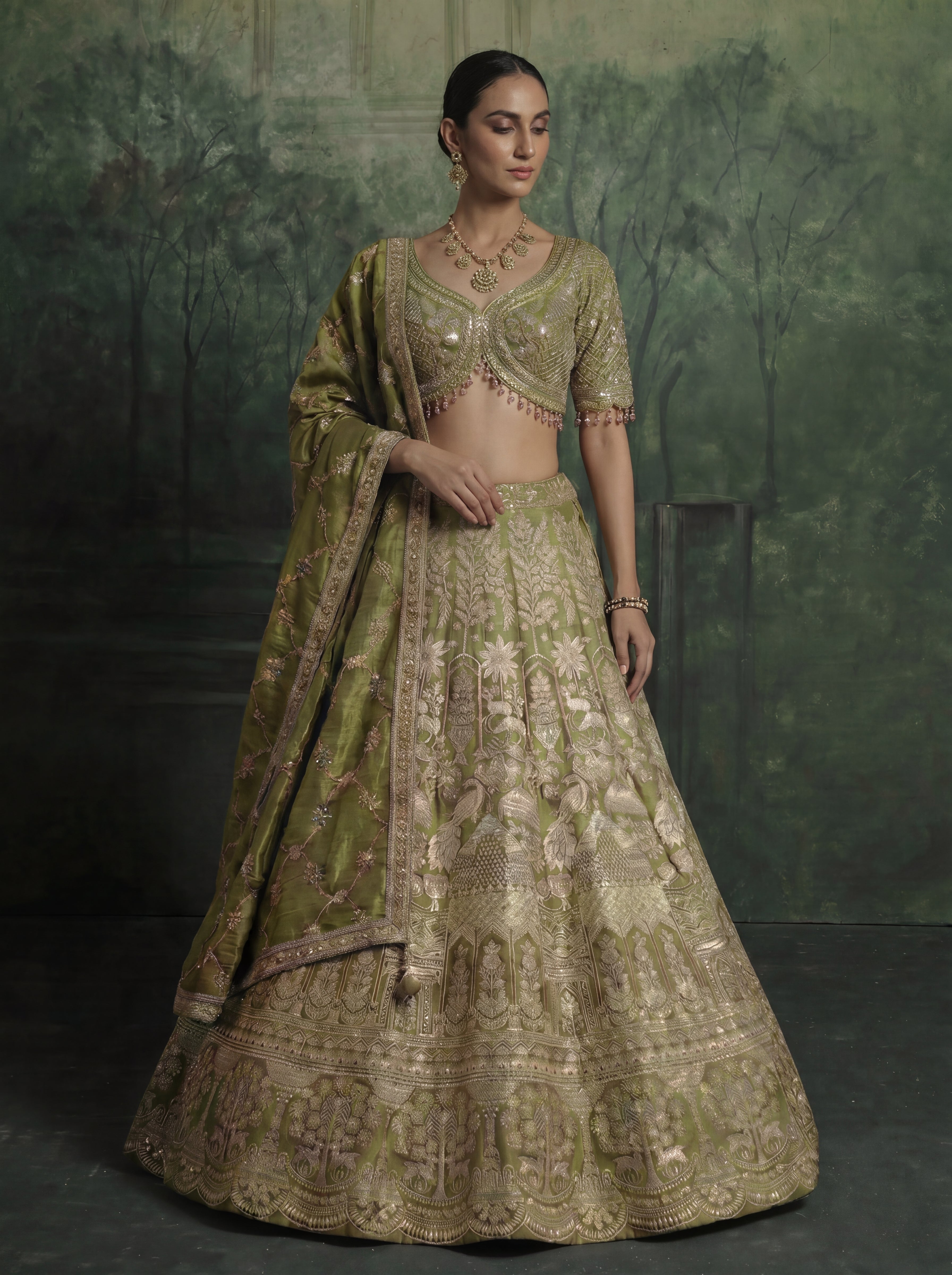 Sage Green Viscose Jacquard Weaving Bridal Lehenga Choli Set