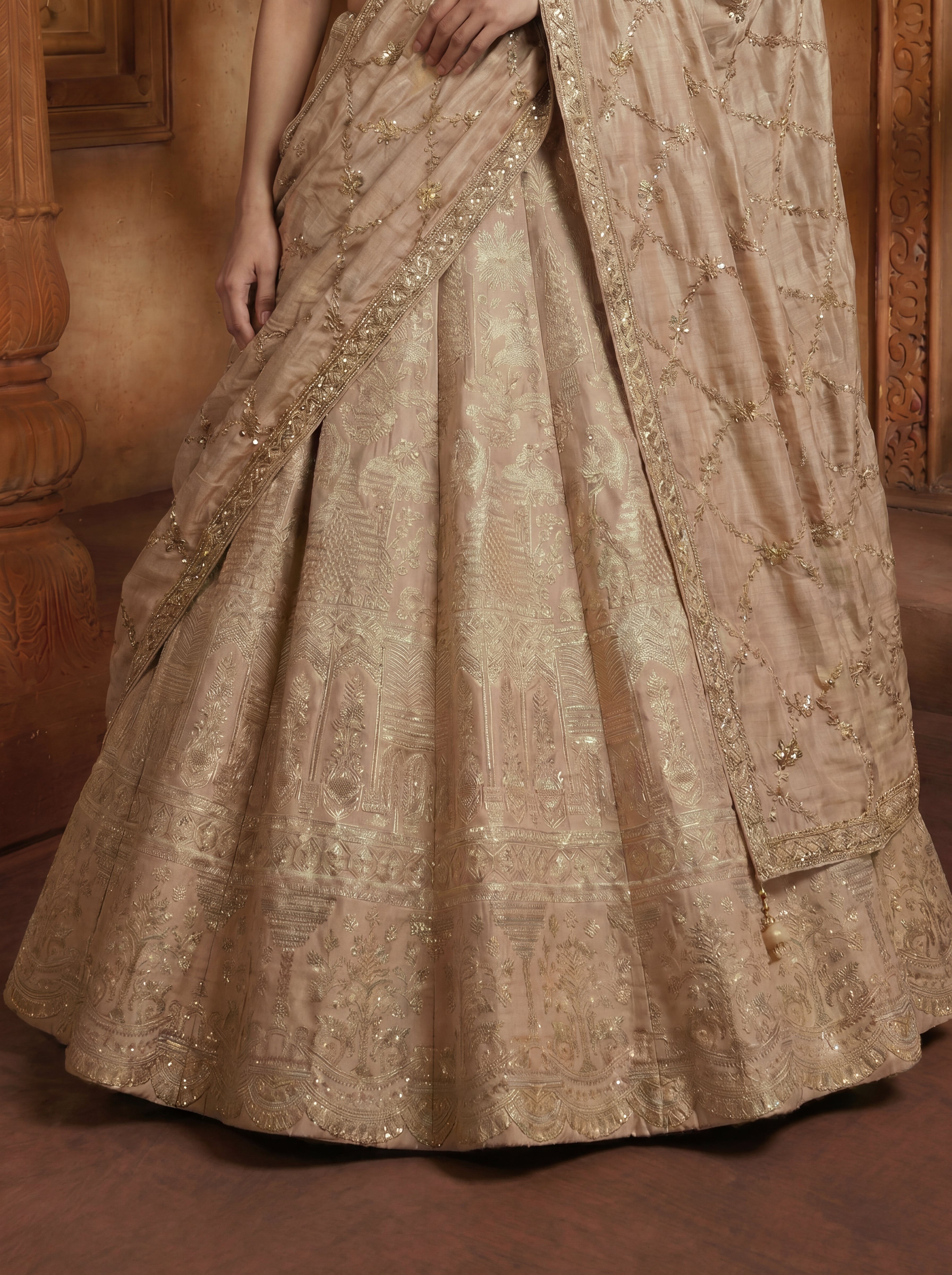 Champagne Gold Viscose Jacquard Weaving Bridal Lehenga Choli Set