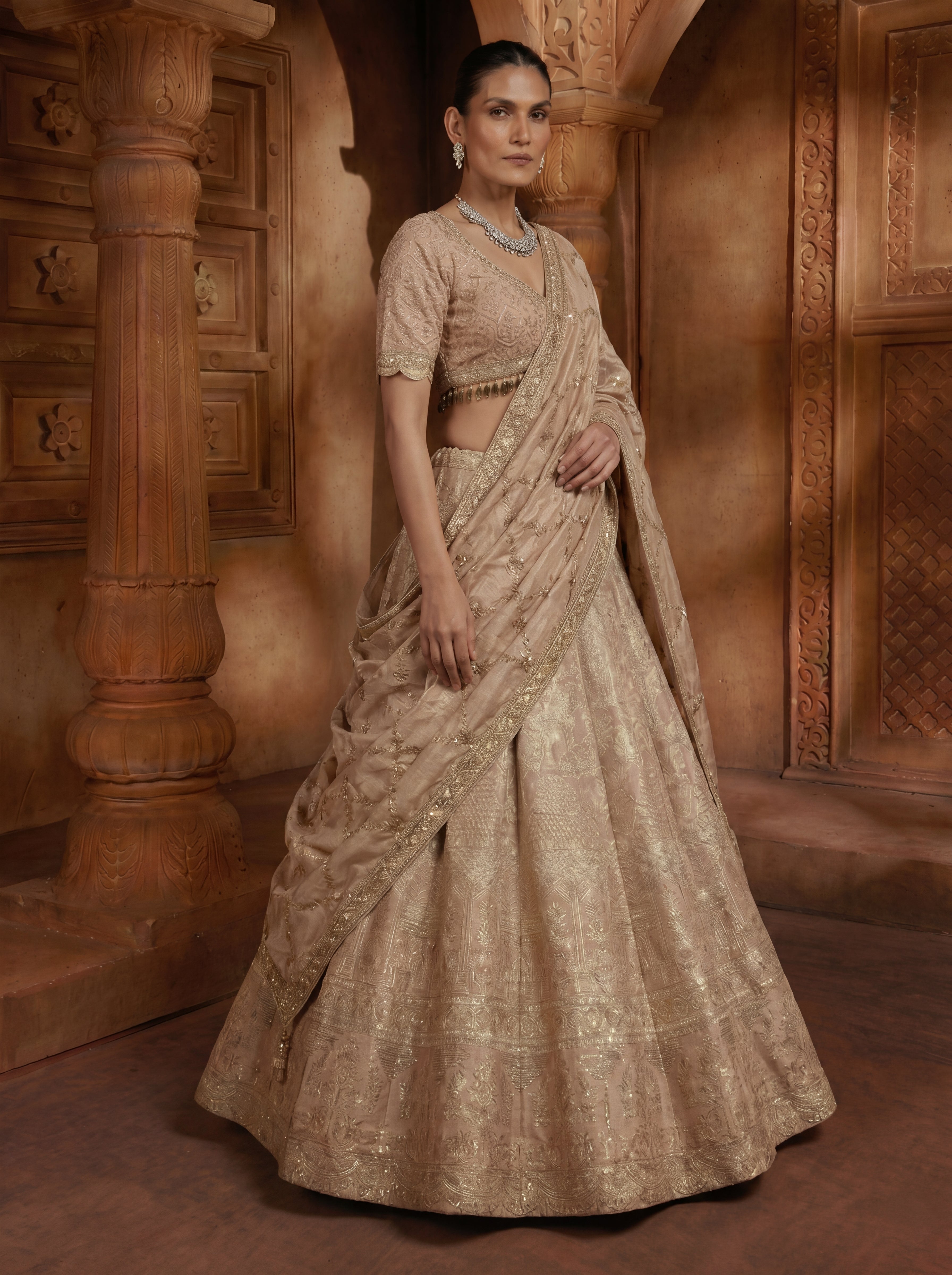 Champagne Gold Viscose Jacquard Weaving Bridal Lehenga Choli Set