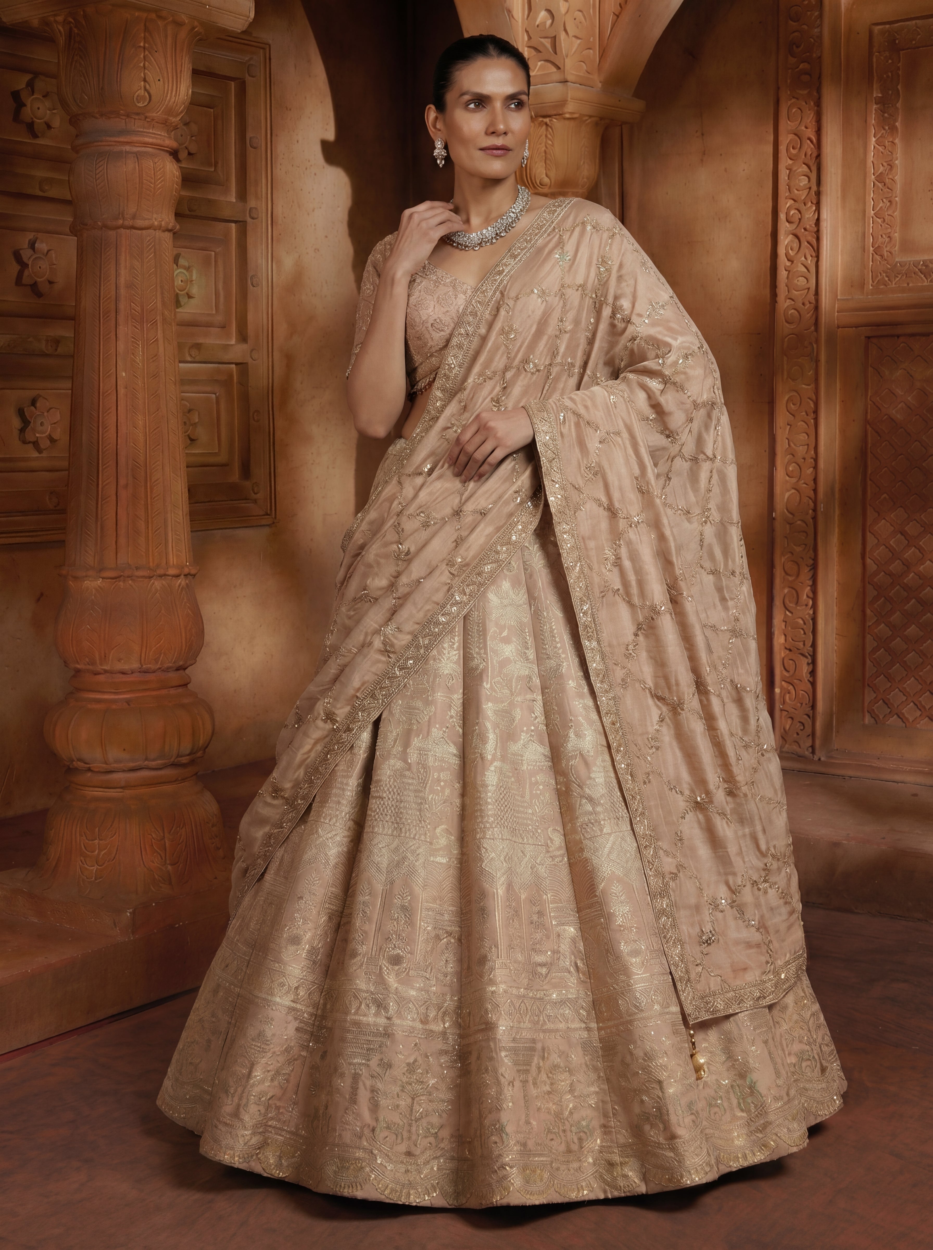 Champagne Gold Viscose Jacquard Weaving Bridal Lehenga Choli Set