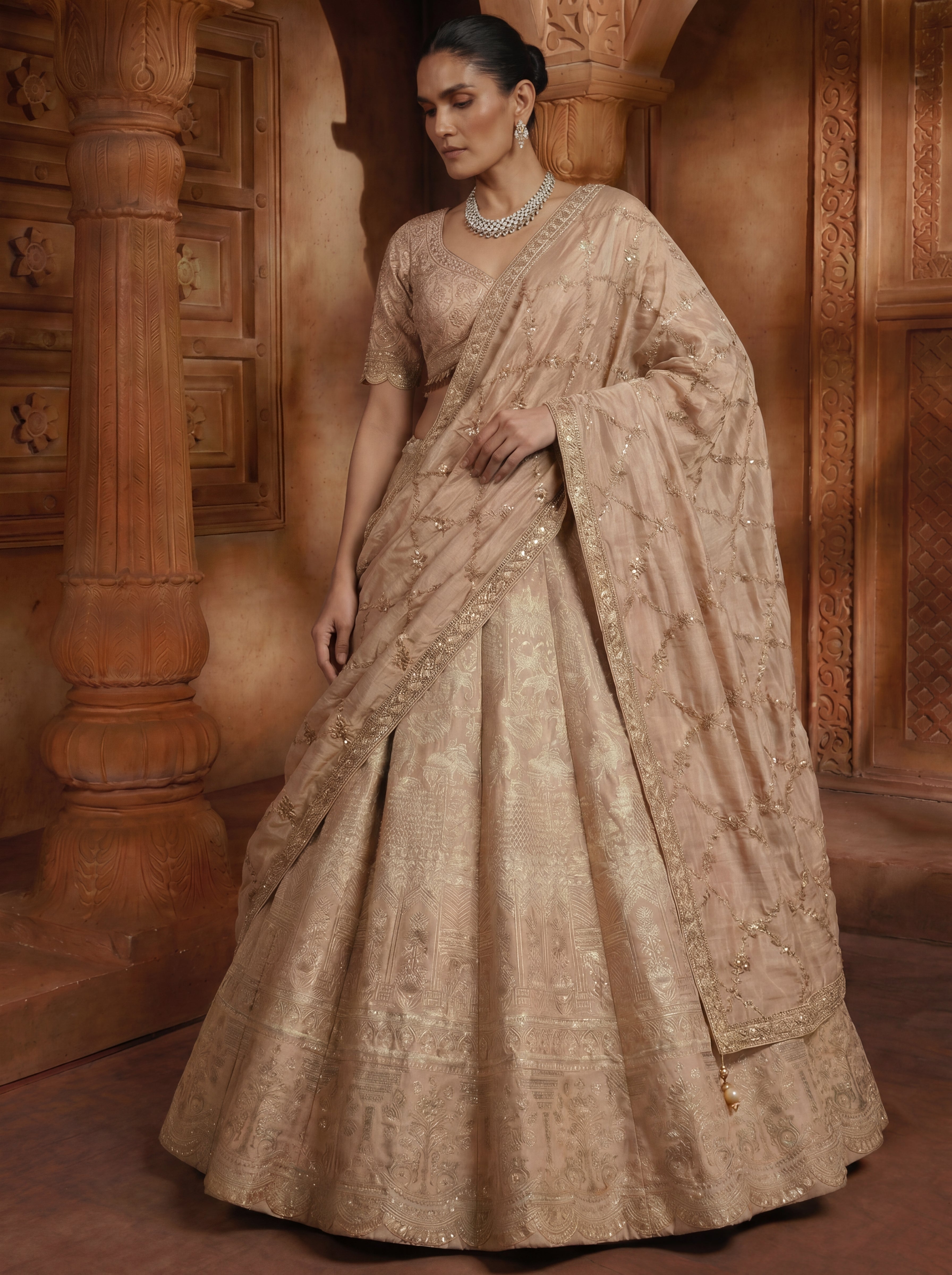 Champagne Gold Viscose Jacquard Weaving Bridal Lehenga Choli Set